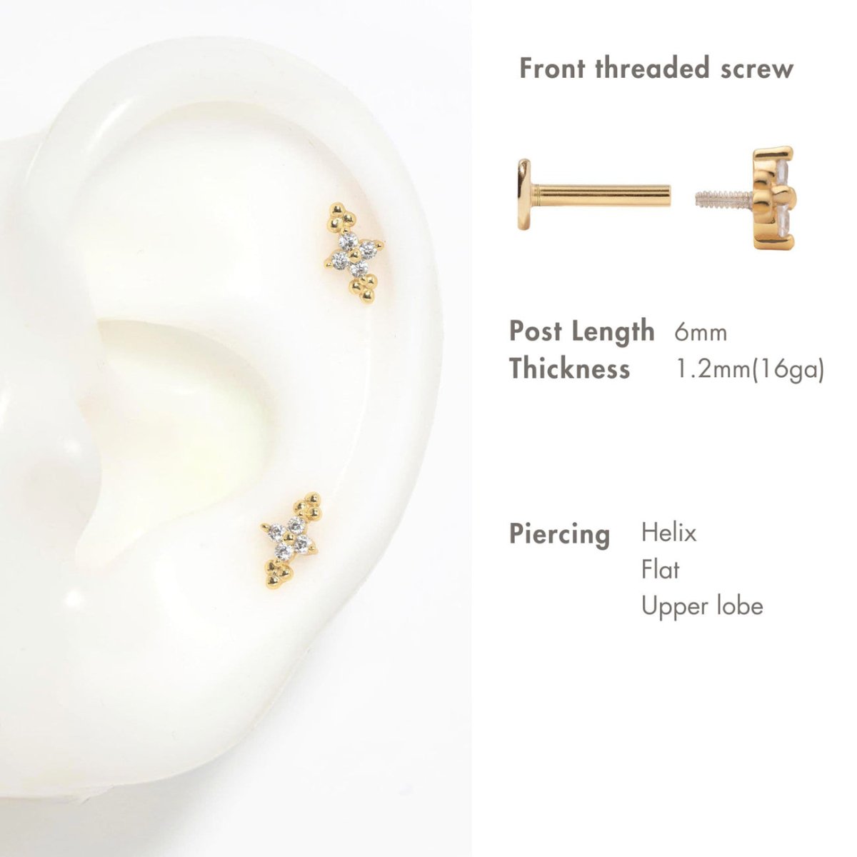 Gold vermeil zirconia flower cluster flat back stud on a silicone ear display with size and piercing spec chart