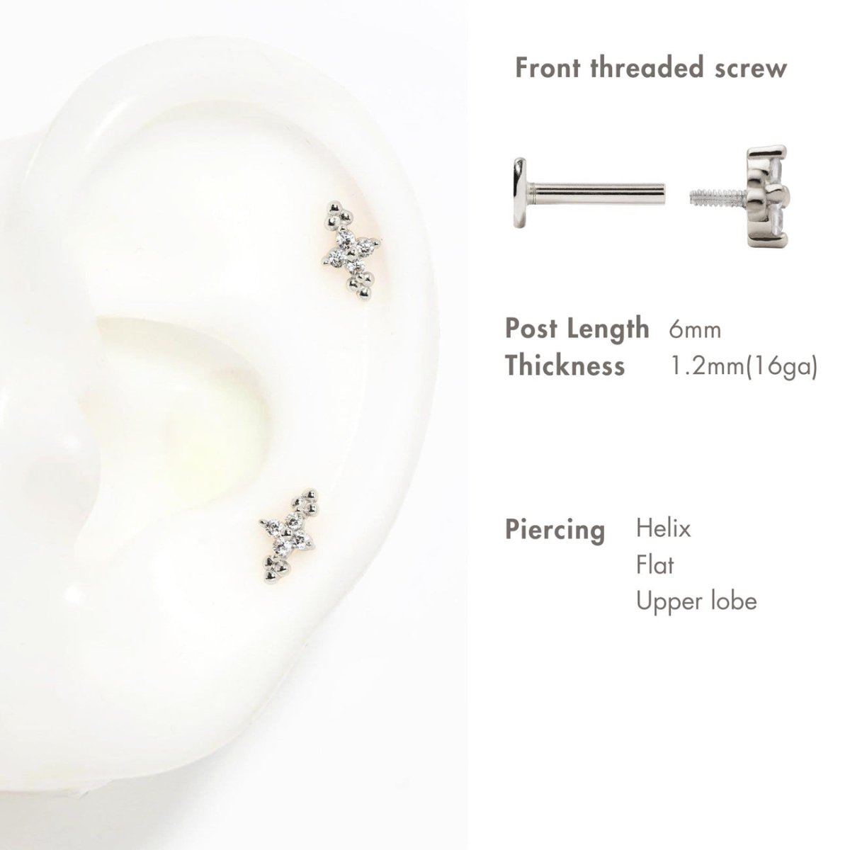 Sterling silver zirconia flower cluster flat back stud on a silicone ear display with size and piercing spec chart