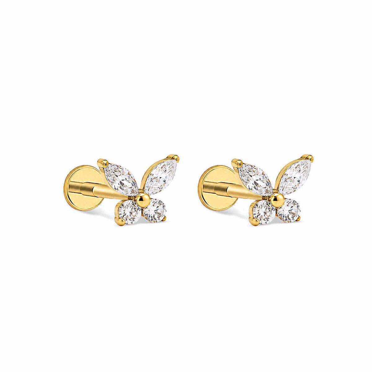 Gold Titanium flat back stud earrings with butterfly-shaped crystals on a white background.