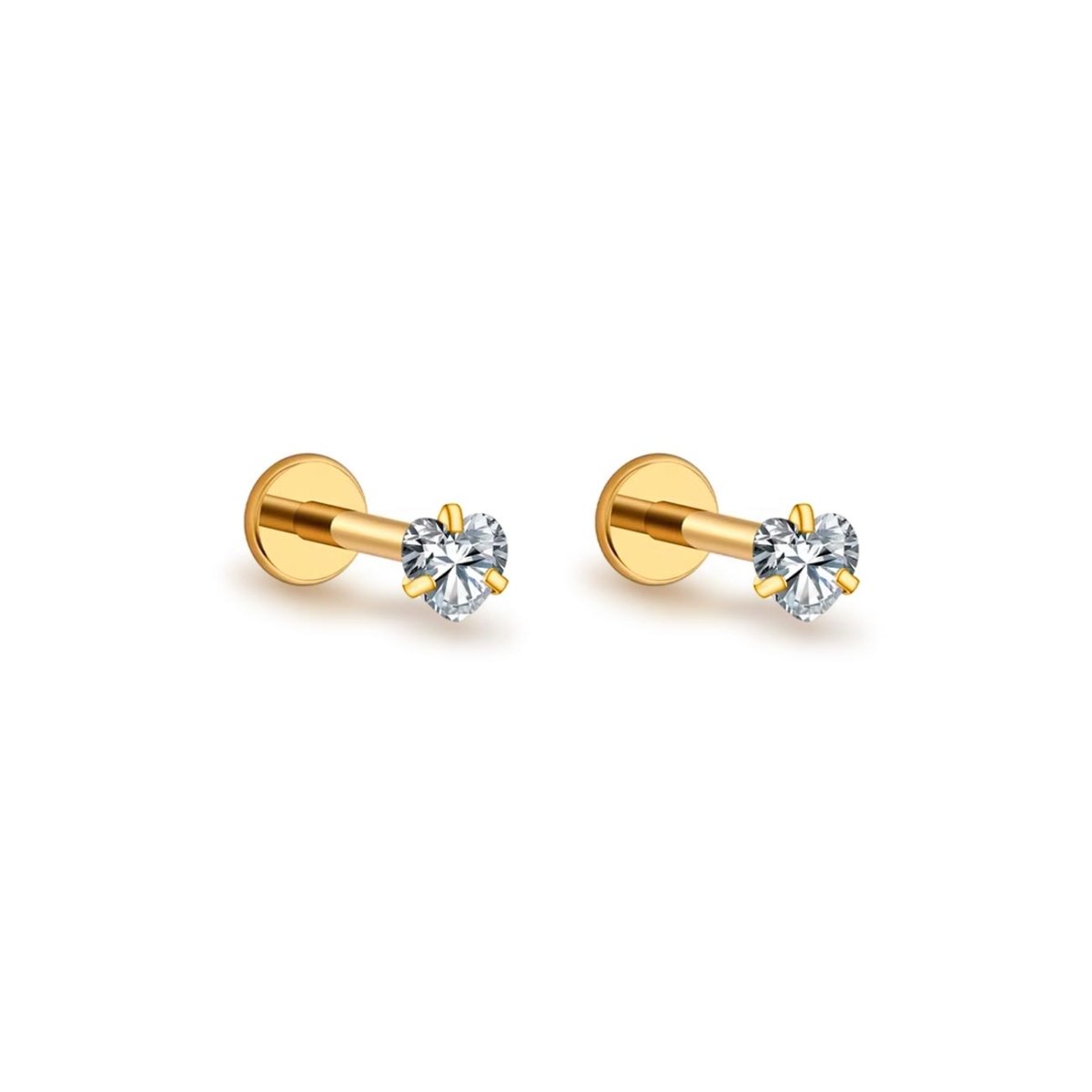 Pair of gold titanium heart flat back studs with clear stones, on a white background