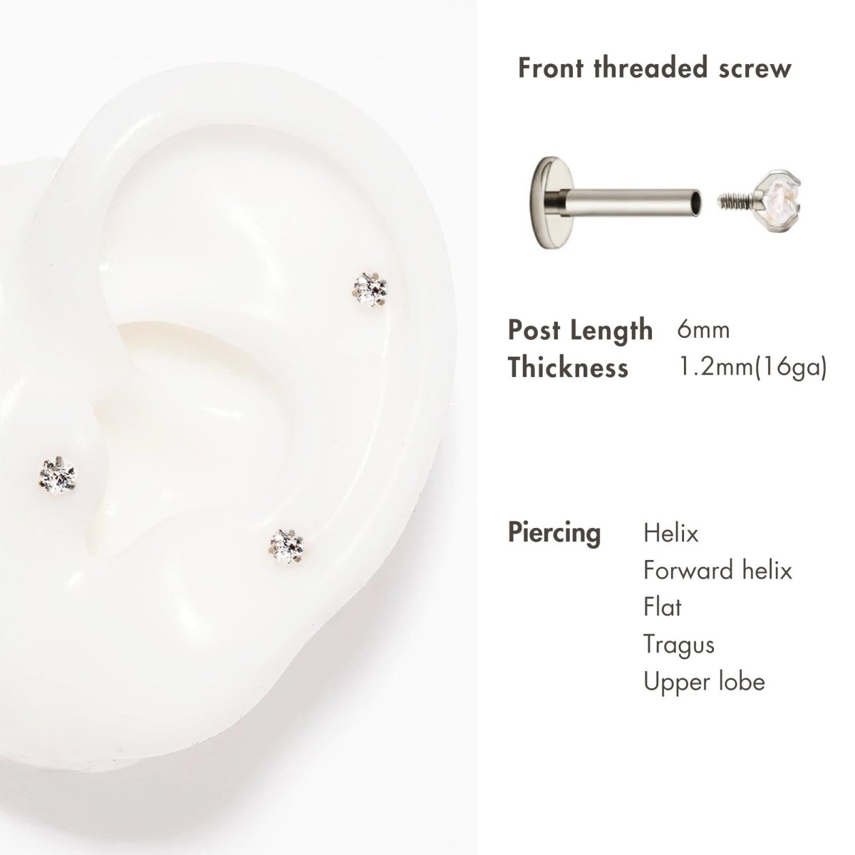 Gold titanium tiny clear-stone flat back studs on a silicone ear model with size details