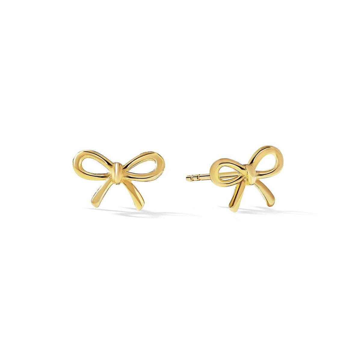 Gold vermeil bow stud earrings shaped like ribbon knots, on a white background