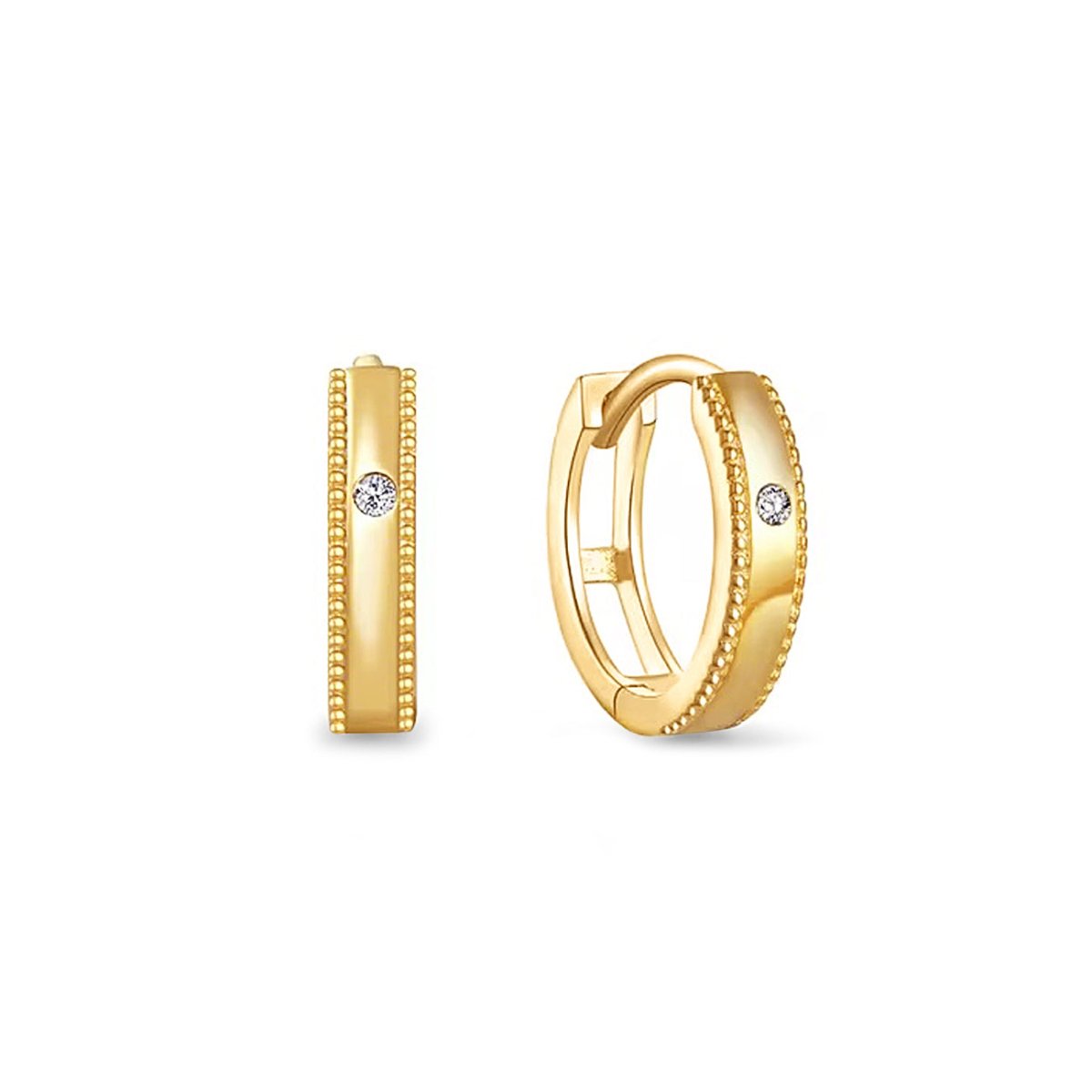 Gold vermeil milgrain huggie hoops with a round zirconia, front and side, on a white background