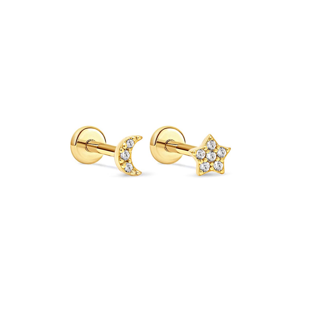 Gold vermeil pavé moon and star flat back studs with white zirconia, on a white background