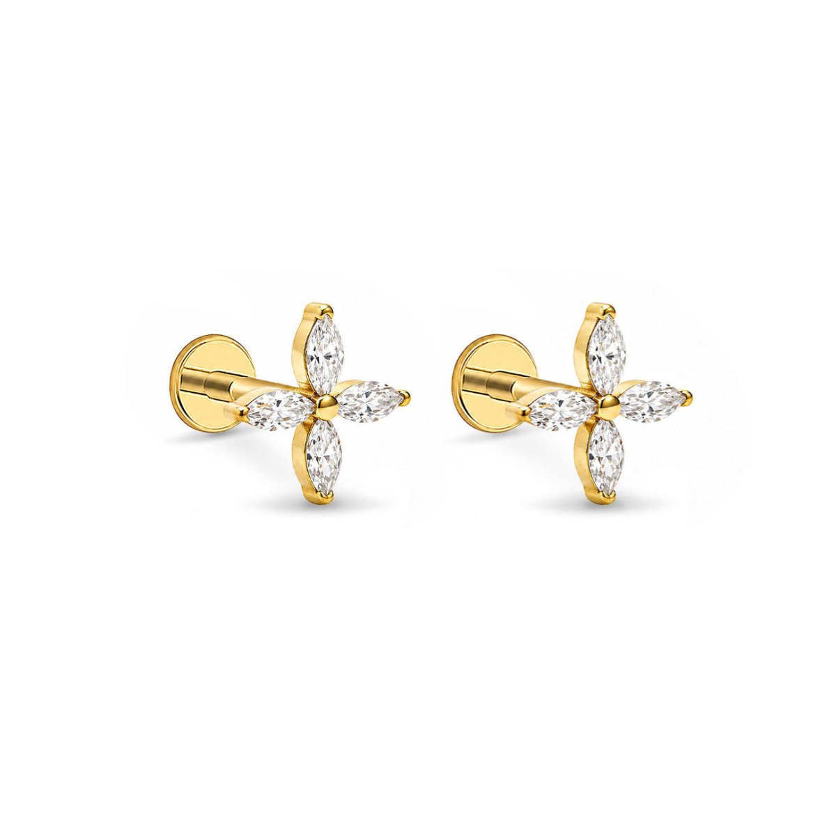 Gold titanium crystal fleur flat back stud earrings, on a white background