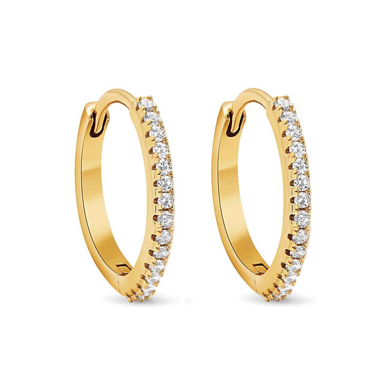 Gold vermeil pavé small hoops set with white zirconia, pair shown on a white background