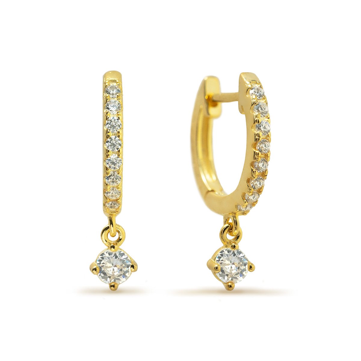 Gold vermeil pavé huggie hoops with a prong-set white zirconia drop, on a white background
