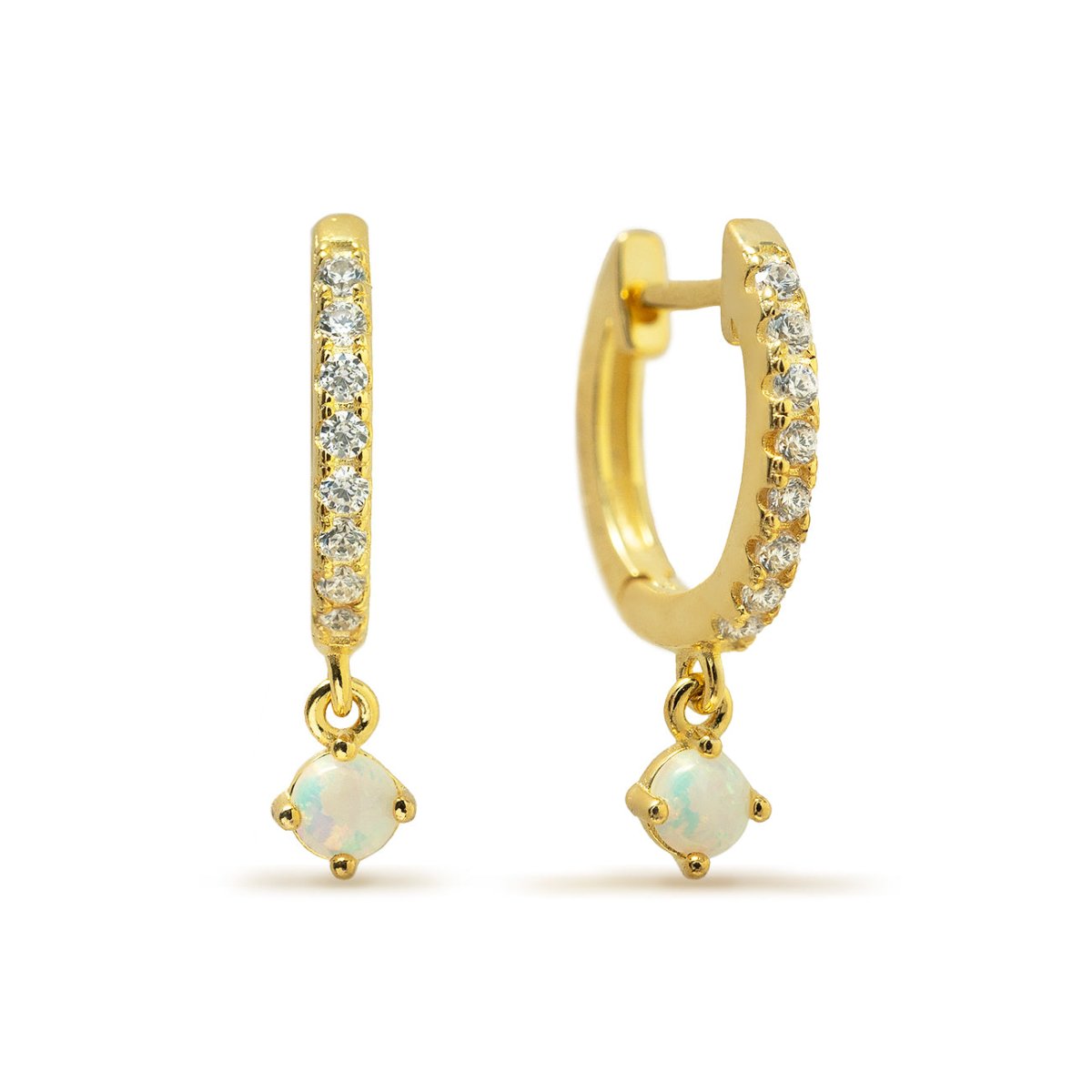Gold vermeil pavé huggie hoops with a dangling white opal drop, shown as a pair on a white background