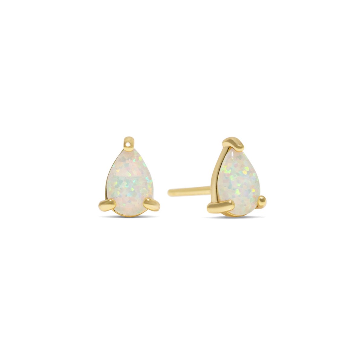 Pair of gold vermeil pear-shaped opal stud earrings with white opals, on a white background