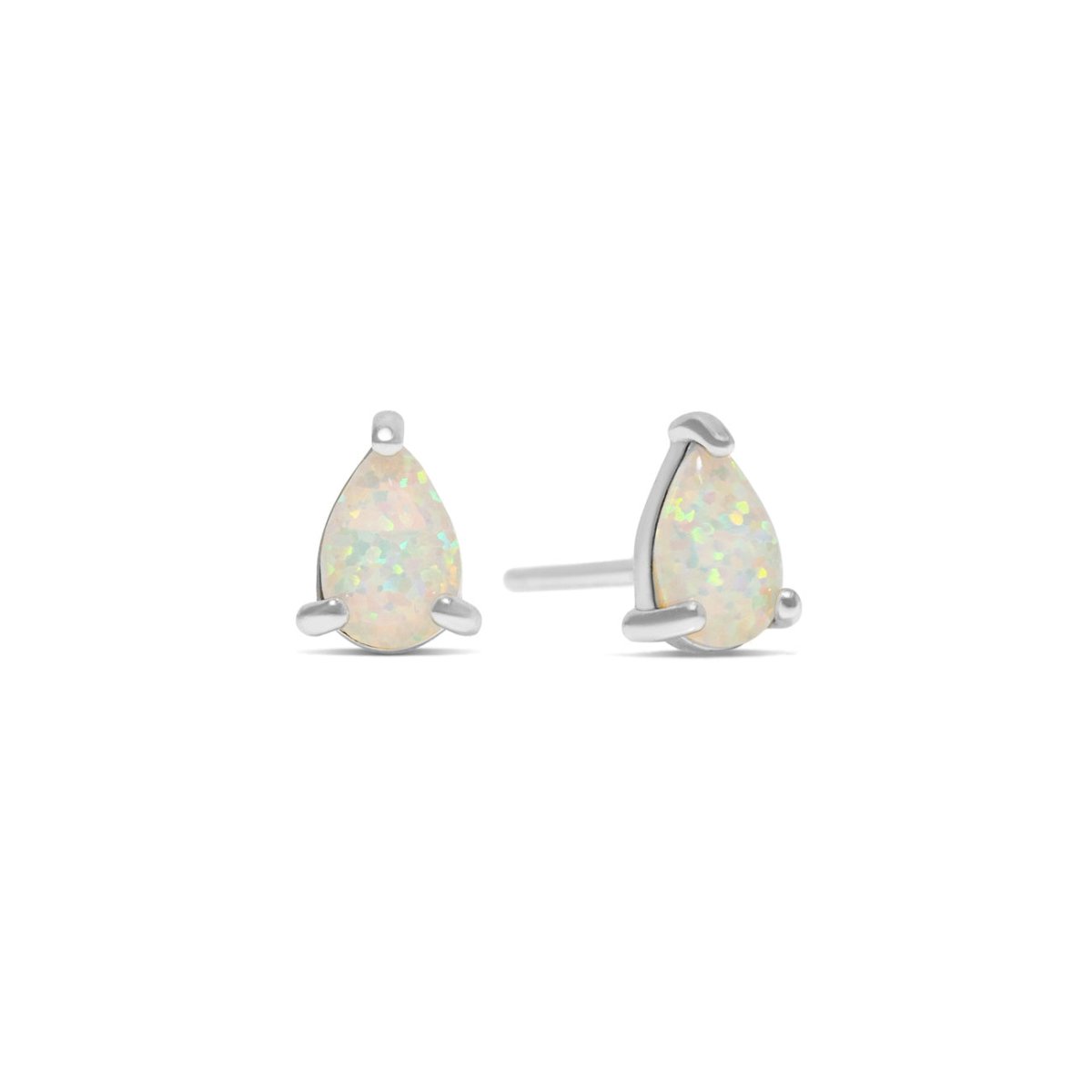 Pair of sterling silver pear-shaped opal stud earrings with white opals, on a white background