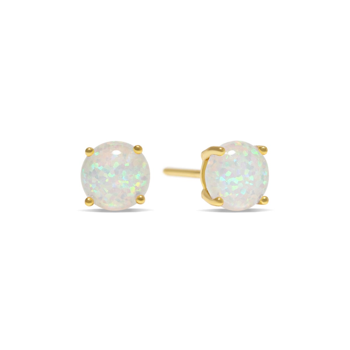 Pair of gold vermeil solitaire stud earrings with round white opal stones, on a white background