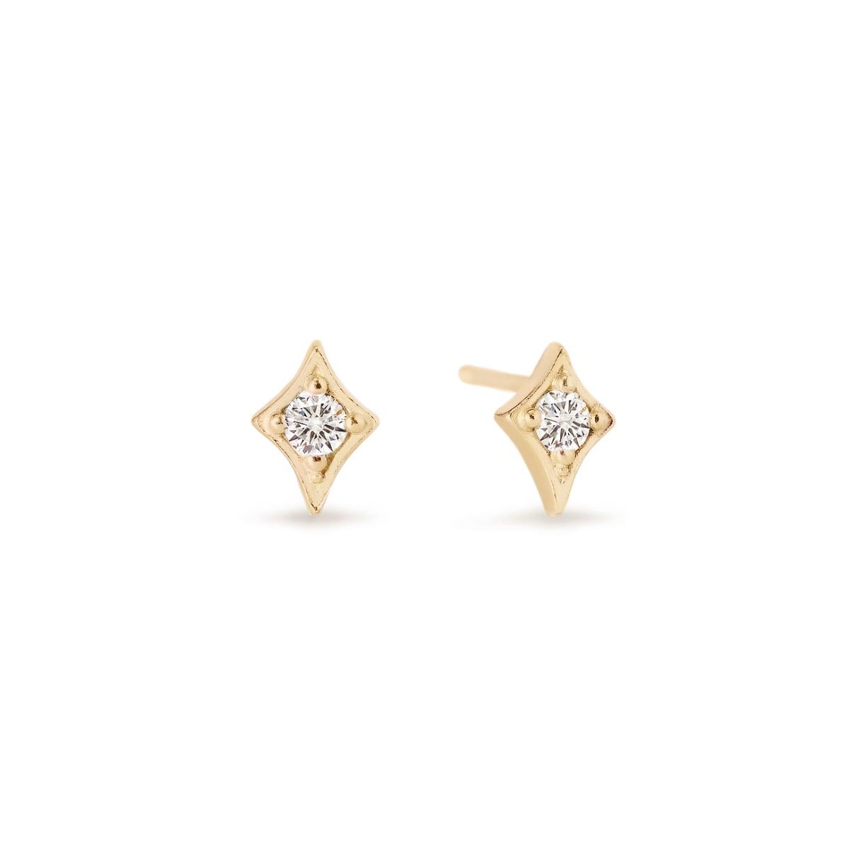 Gold vermeil flare studs with clear zirconia in a diamond-shaped setting, on a white background