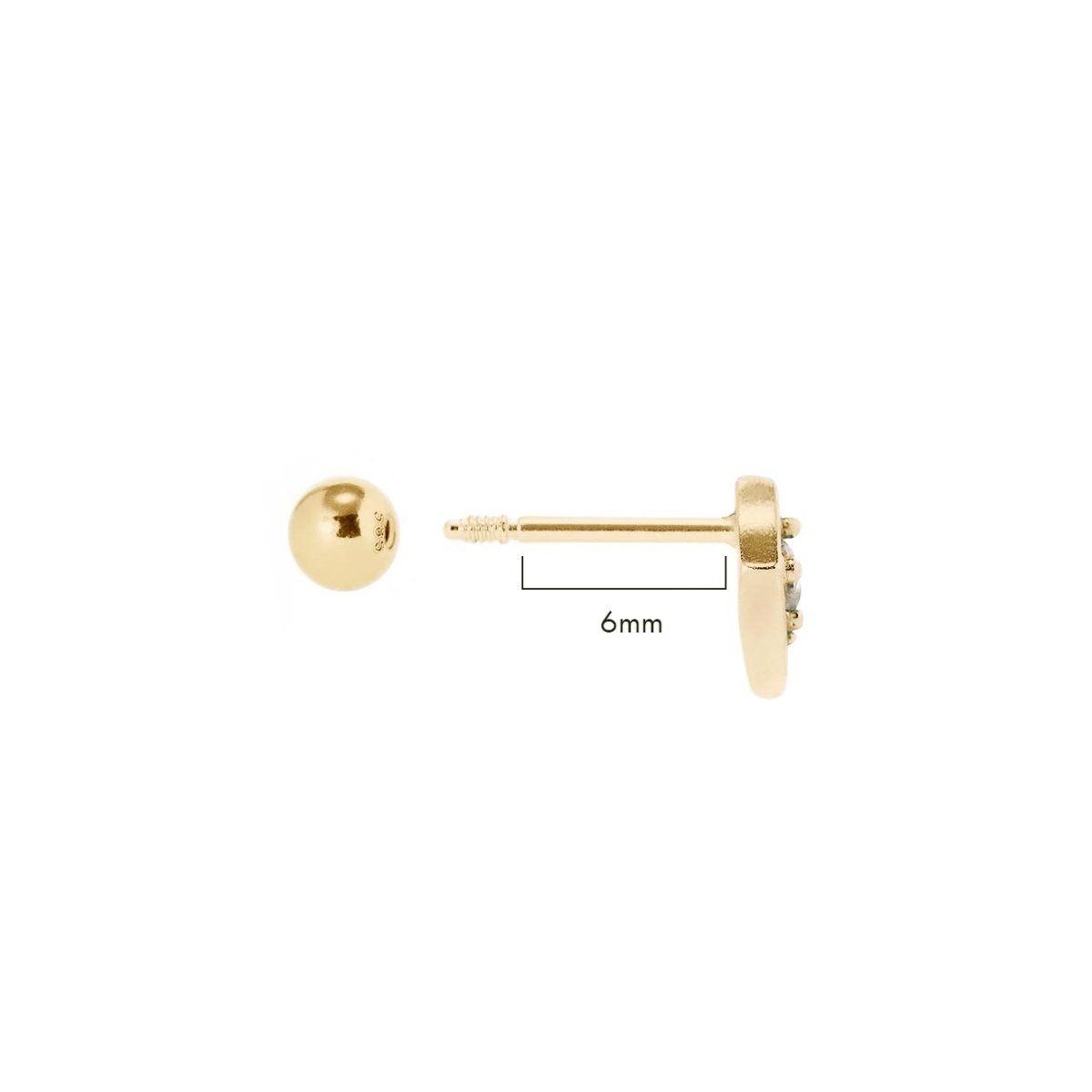 Gold vermeil flare stud with clear zirconia and a ball back, side view with a 6mm size marker