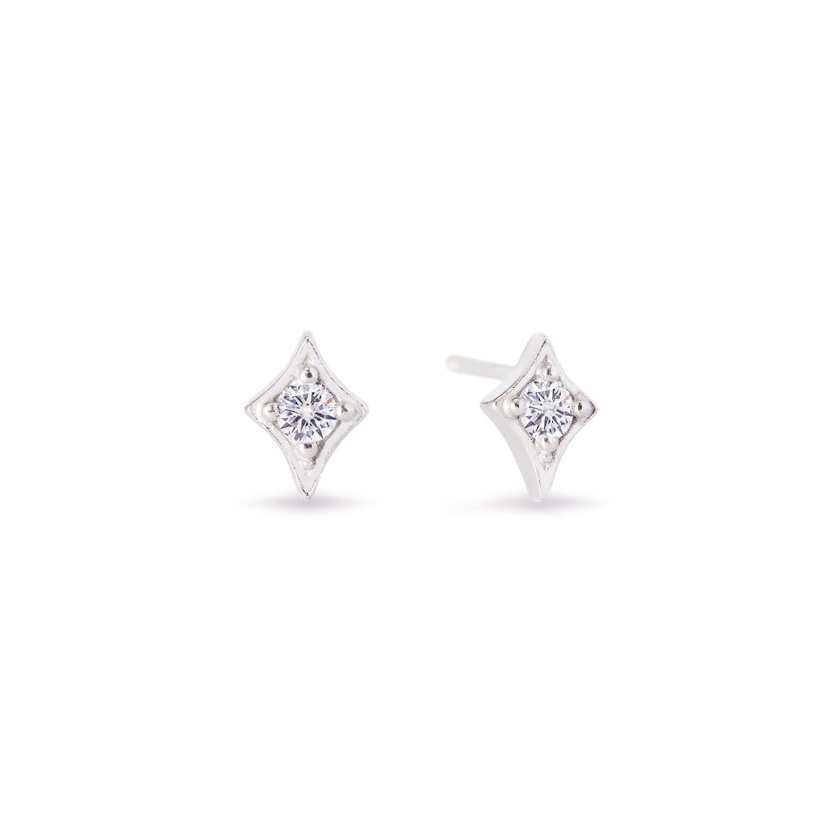Sterling silver flare studs with clear zirconia in a diamond-shaped setting, on a white background