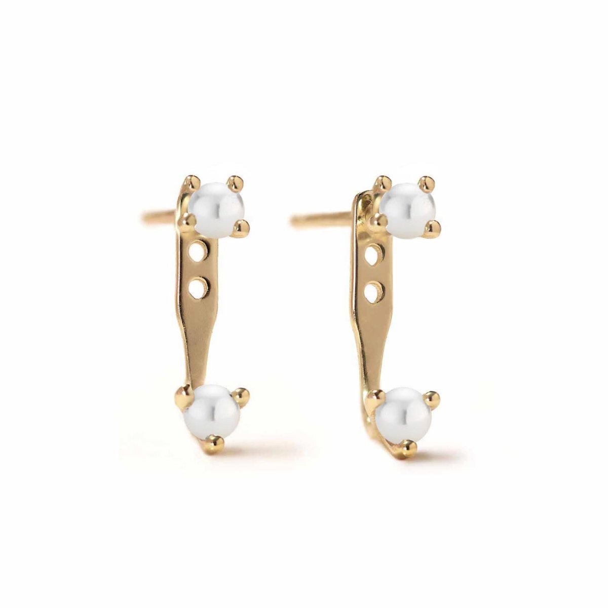 Pair of gold vermeil earring jackets with two white pearls each, on a white background
