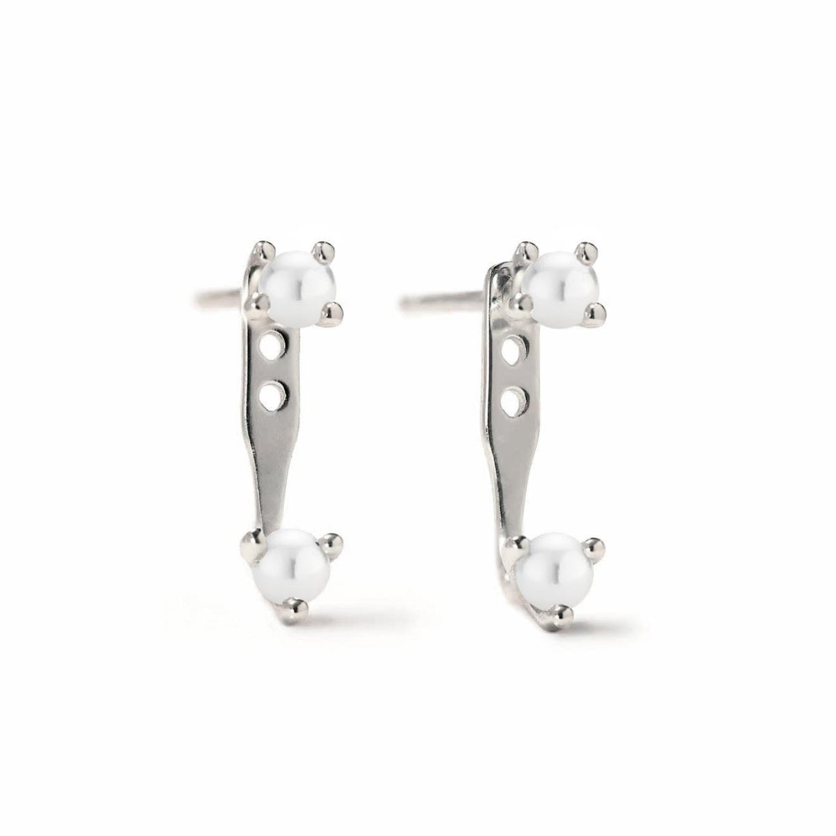 Pair of sterling silver earring jackets with two white pearls each, on a white background