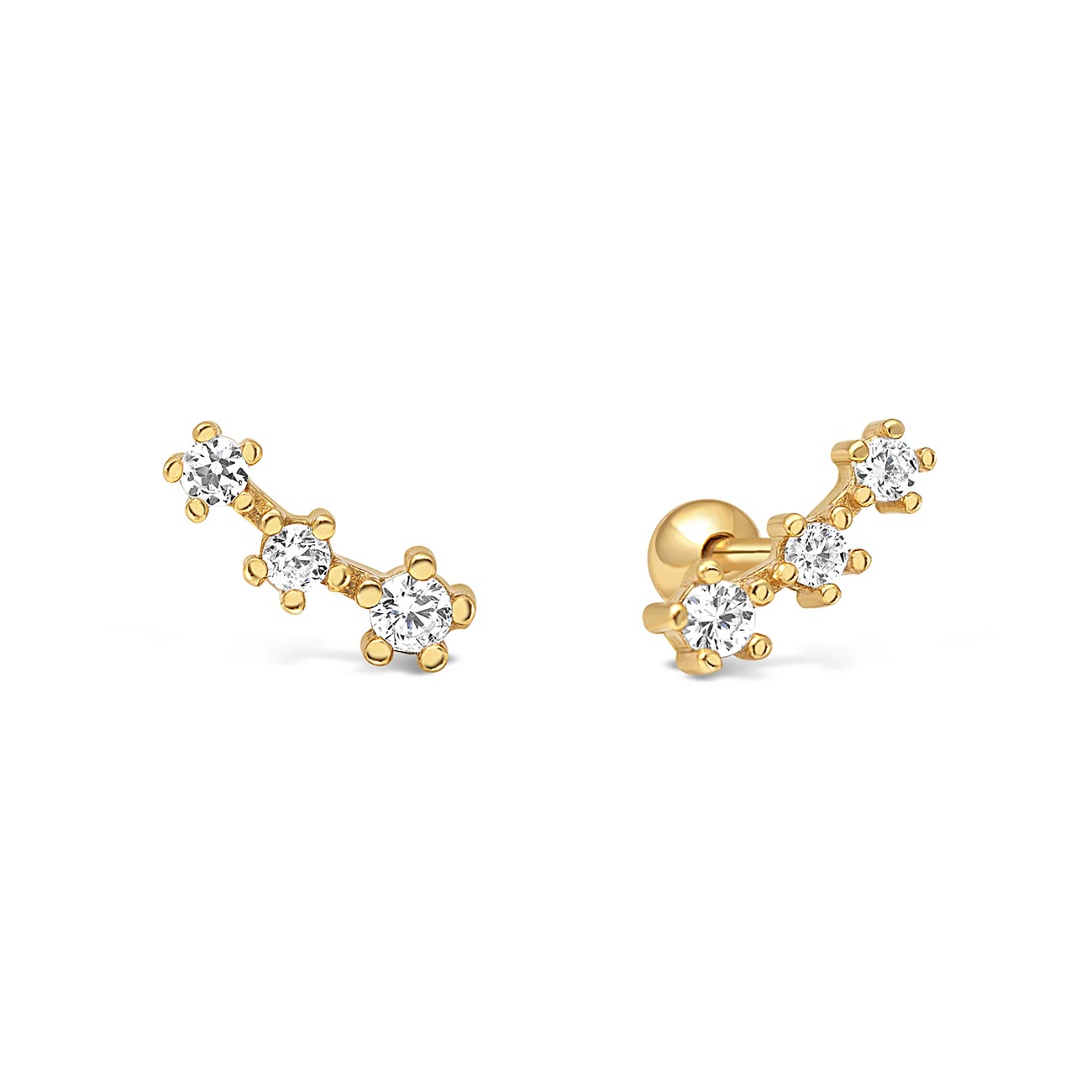 Gold vermeil pavé curved bar studs with three white zirconia stones, on a white background