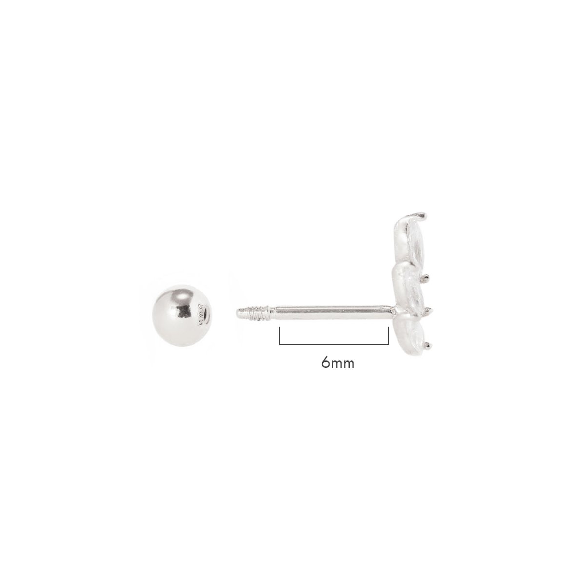 Sterling silver tiny marquise curve stud with three clear stones, side view with 6mm screw post