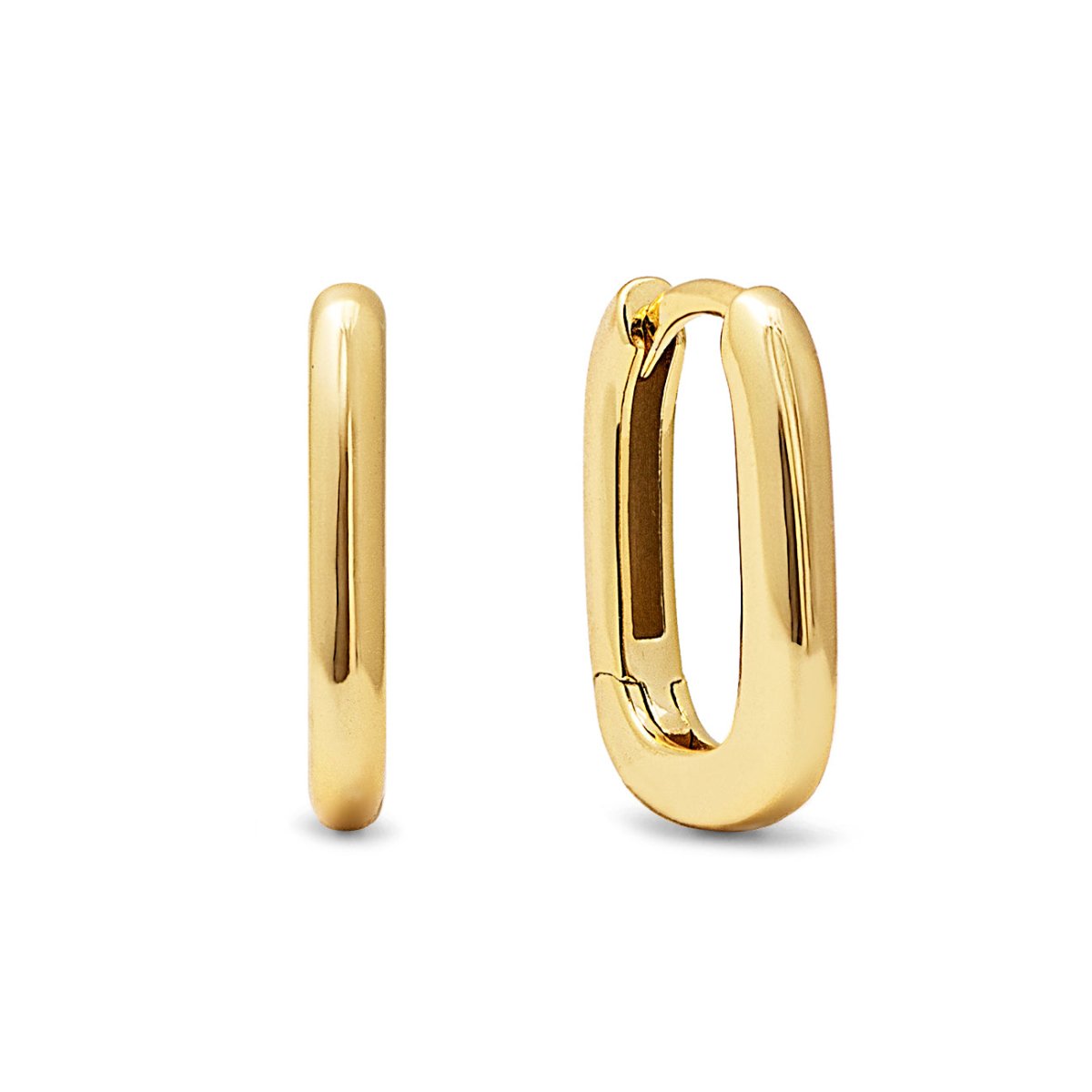 Pair of gold vermeil U-shaped huggie hoops with a rounded profile, on a white background