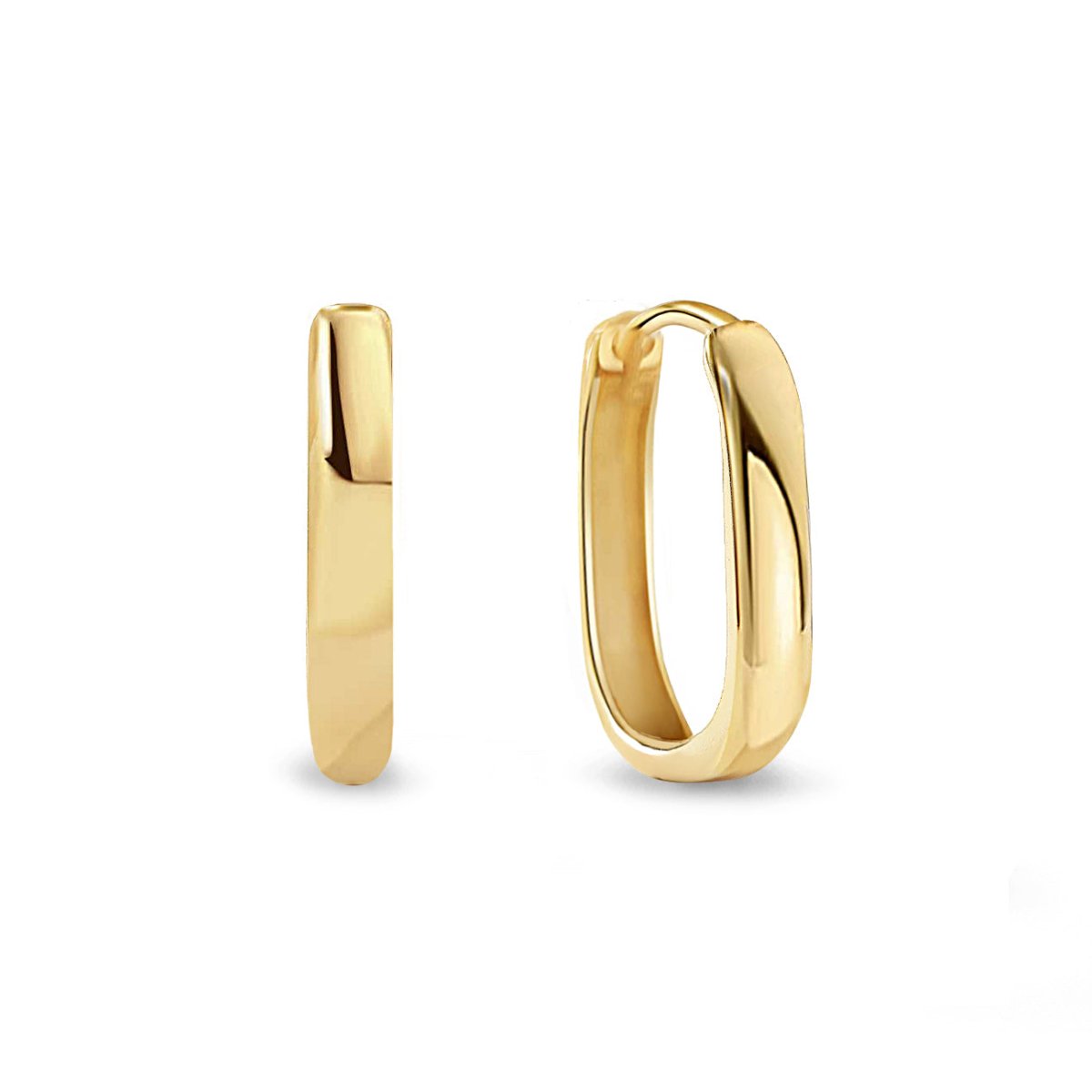 Pair of 14K gold U-shaped huggie hoops with a smooth flat profile, on a white background