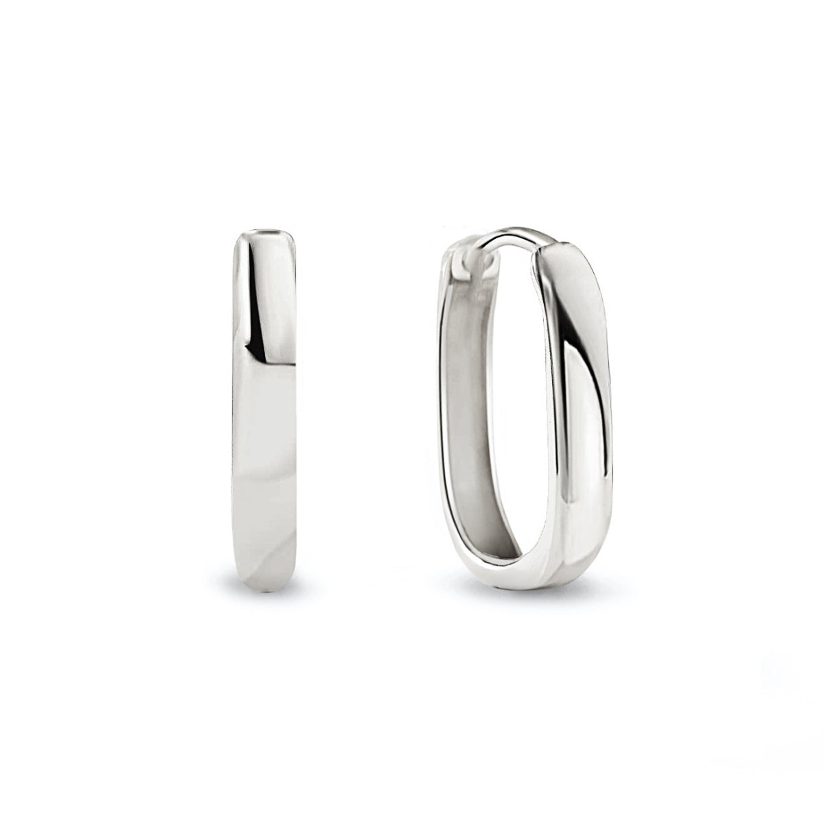 Pair of sterling silver U-shaped huggie hoops with a flat profile, on a white background
