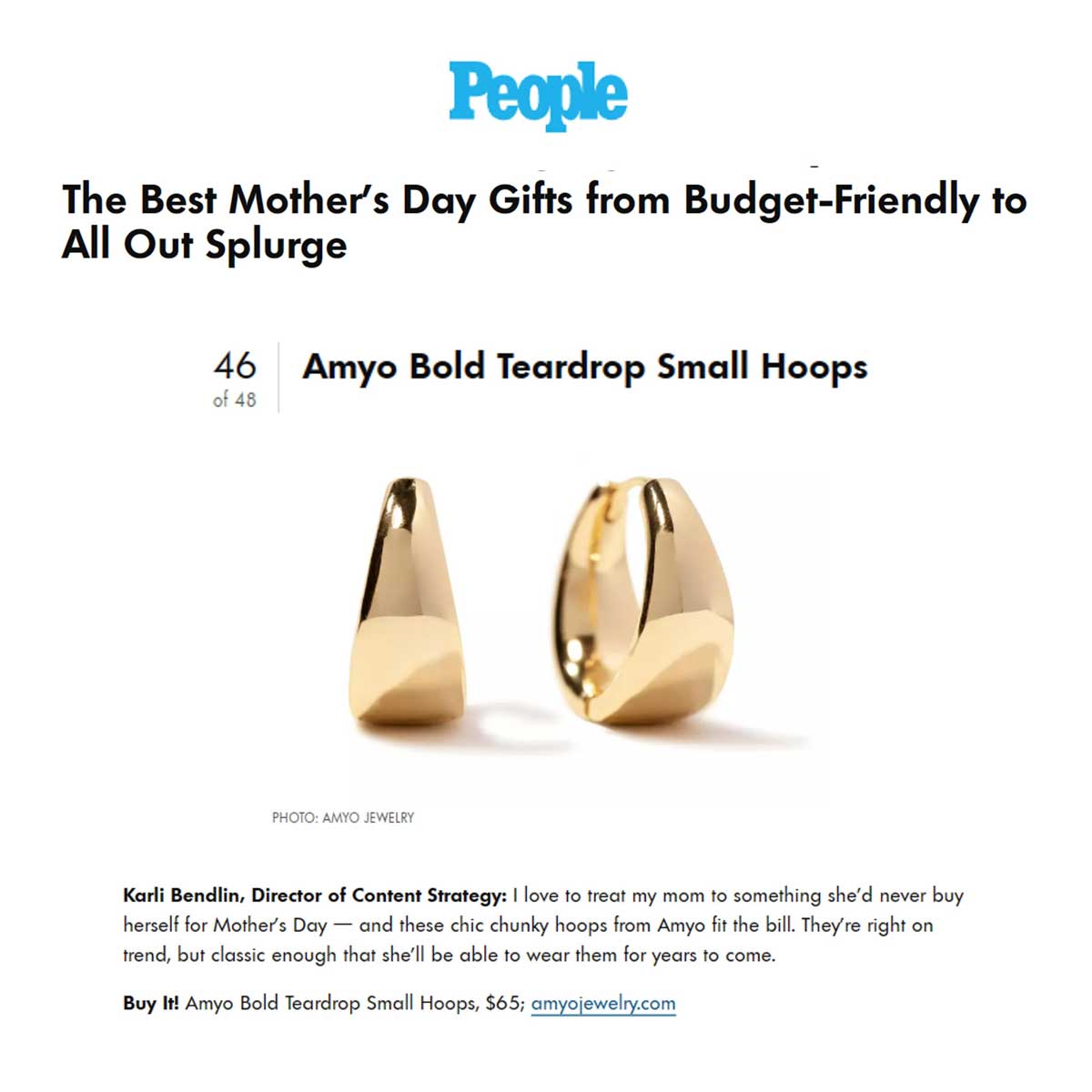 Sterling silver bold teardrop small hoops featured in a People Mother's Day gift guide