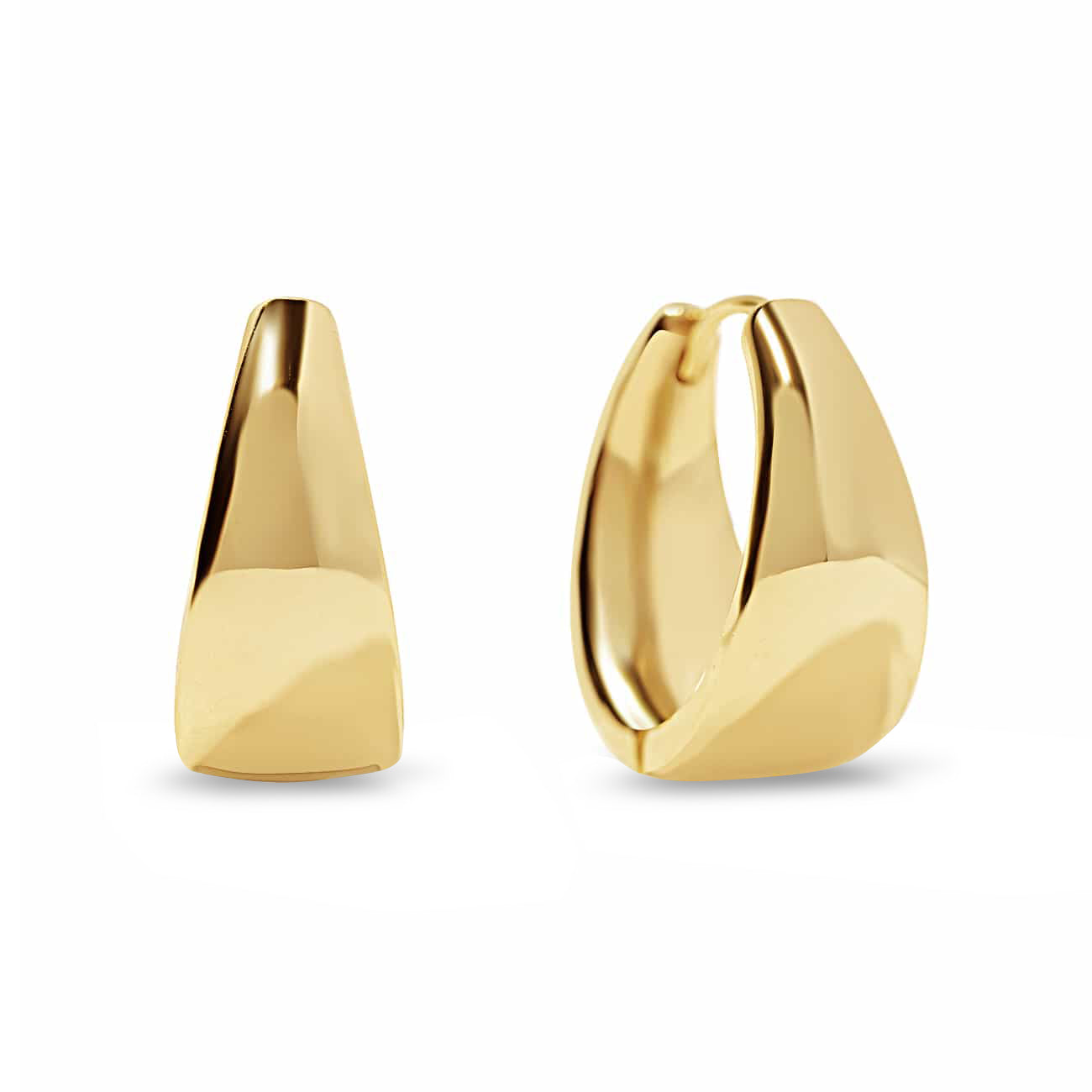 Gold vermeil bold teardrop small huggie hoops with a tapered band, shown front and side, on a white background