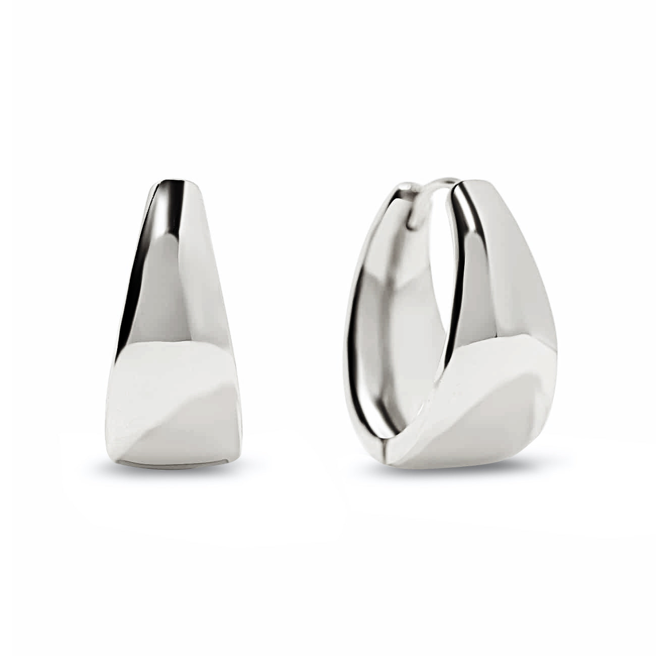 Sterling silver bold teardrop small huggie hoops with a tapered band, front and side, on a white background