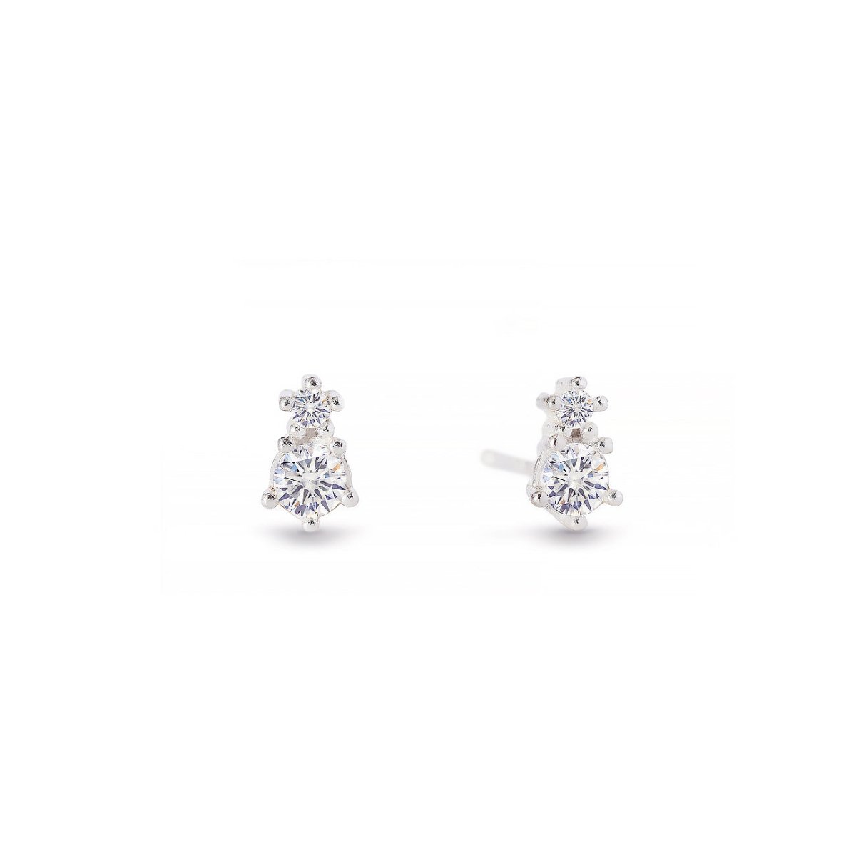 Sterling silver duo studs with two graduated round clear stones, on a white background