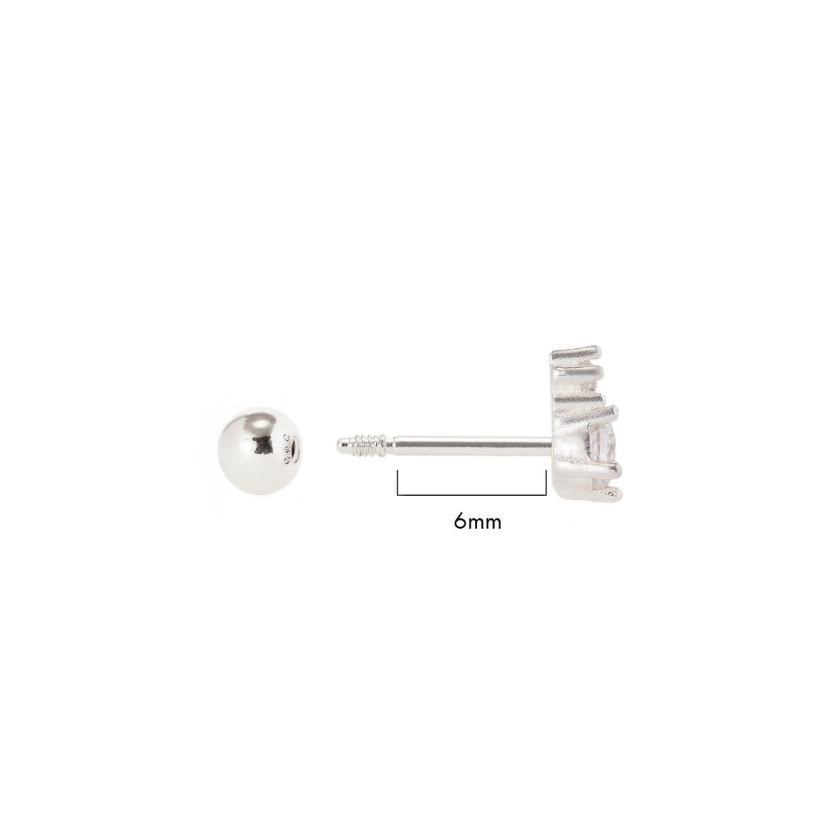 Sterling silver pavé stud with clear zirconia and a ball back, side view with a 6mm size marker