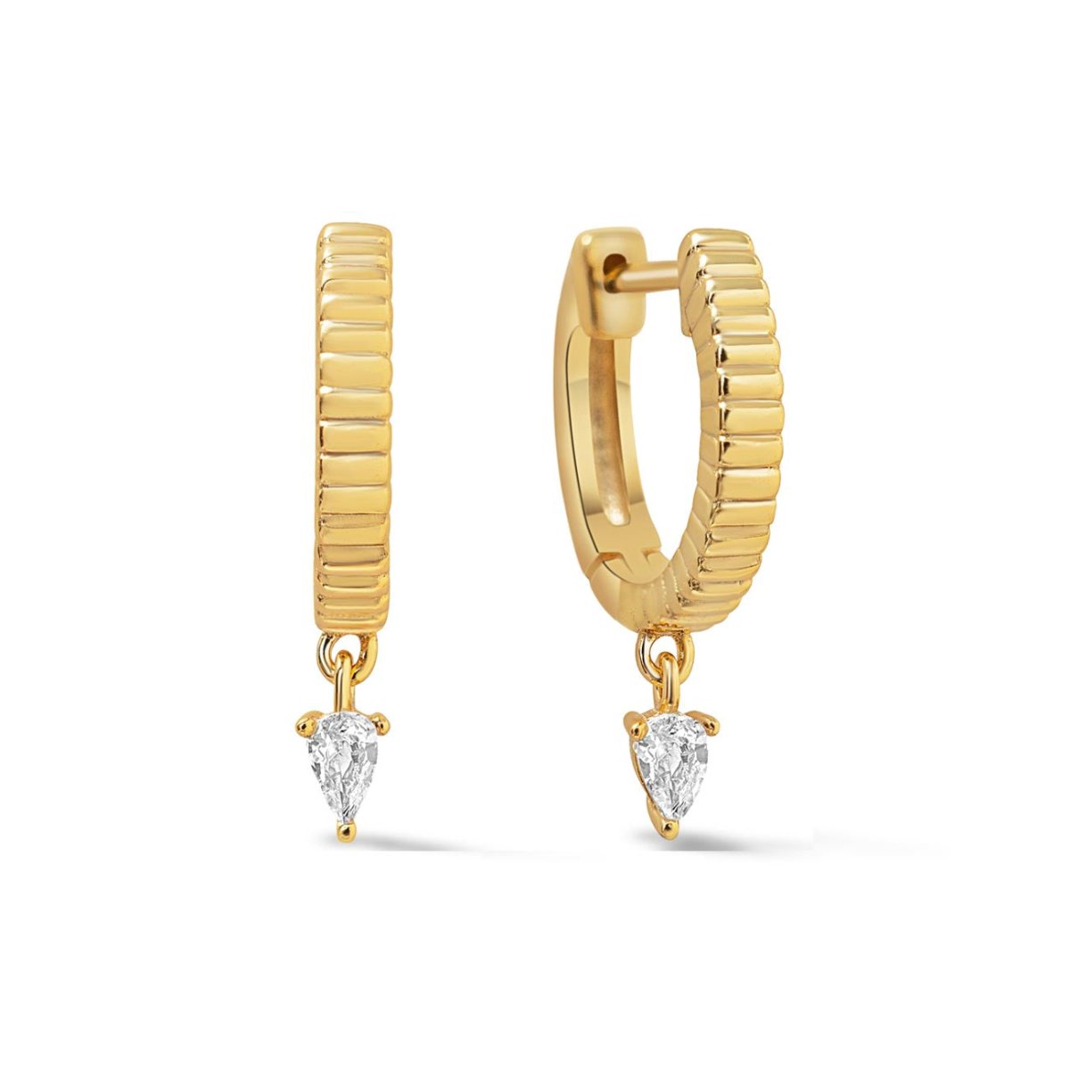 Gold vermeil ribbed huggie hoops with a dangling pear white zirconia, on a white background