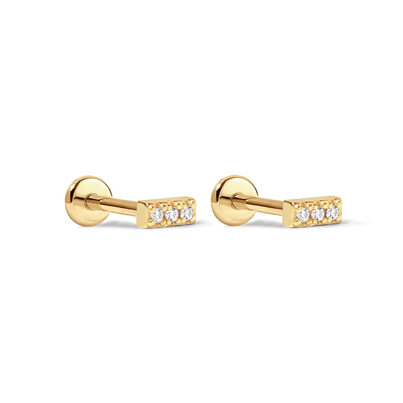 Gold vermeil pavé bar flat back studs with three clear white zirconia stones, on a white background
