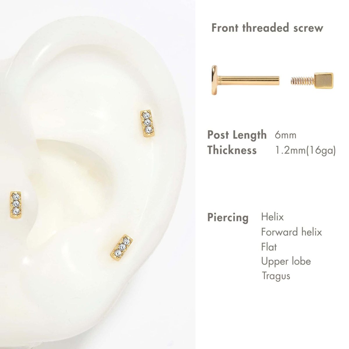 Gold vermeil pavé bar flat back studs, size guide with screw post, 6mm length and 1.2mm thickness