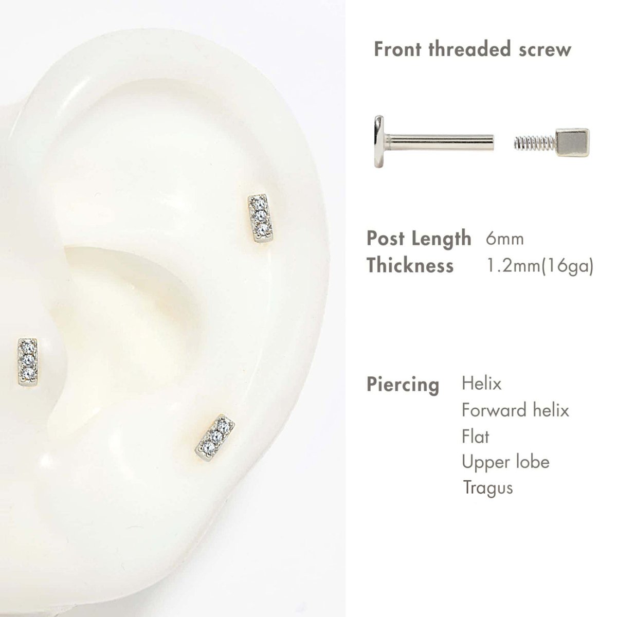 Sterling silver pavé bar flat back studs, size guide with screw post, 6mm length and 1.2mm thickness