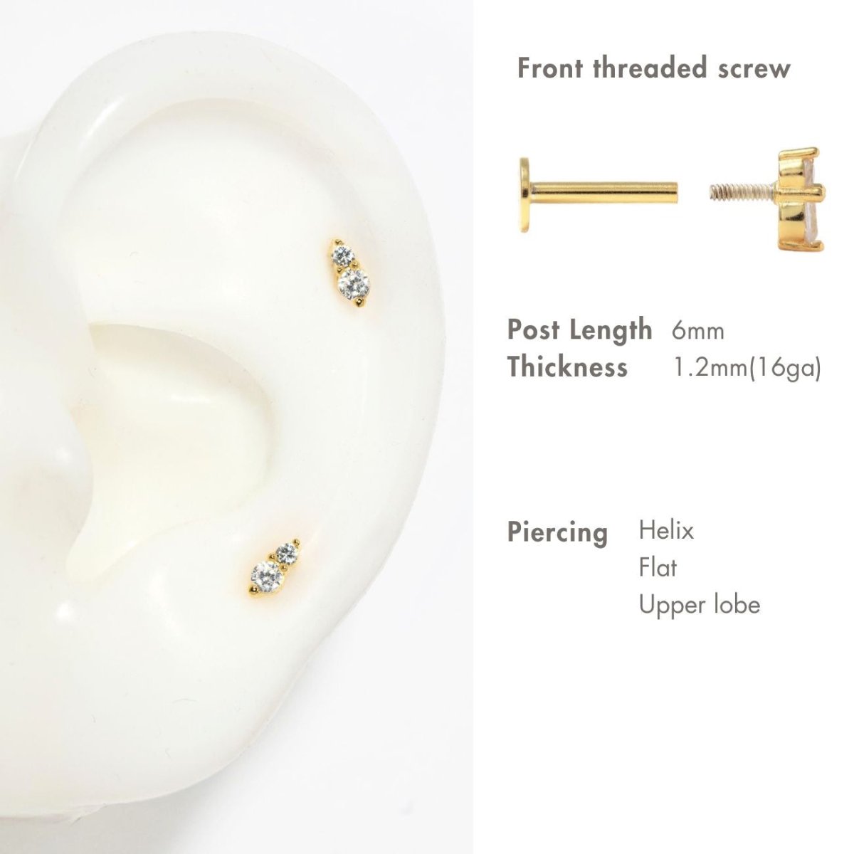 Gold vermeil duo stud with two clear stones, placement graphic on a silicone ear with specs