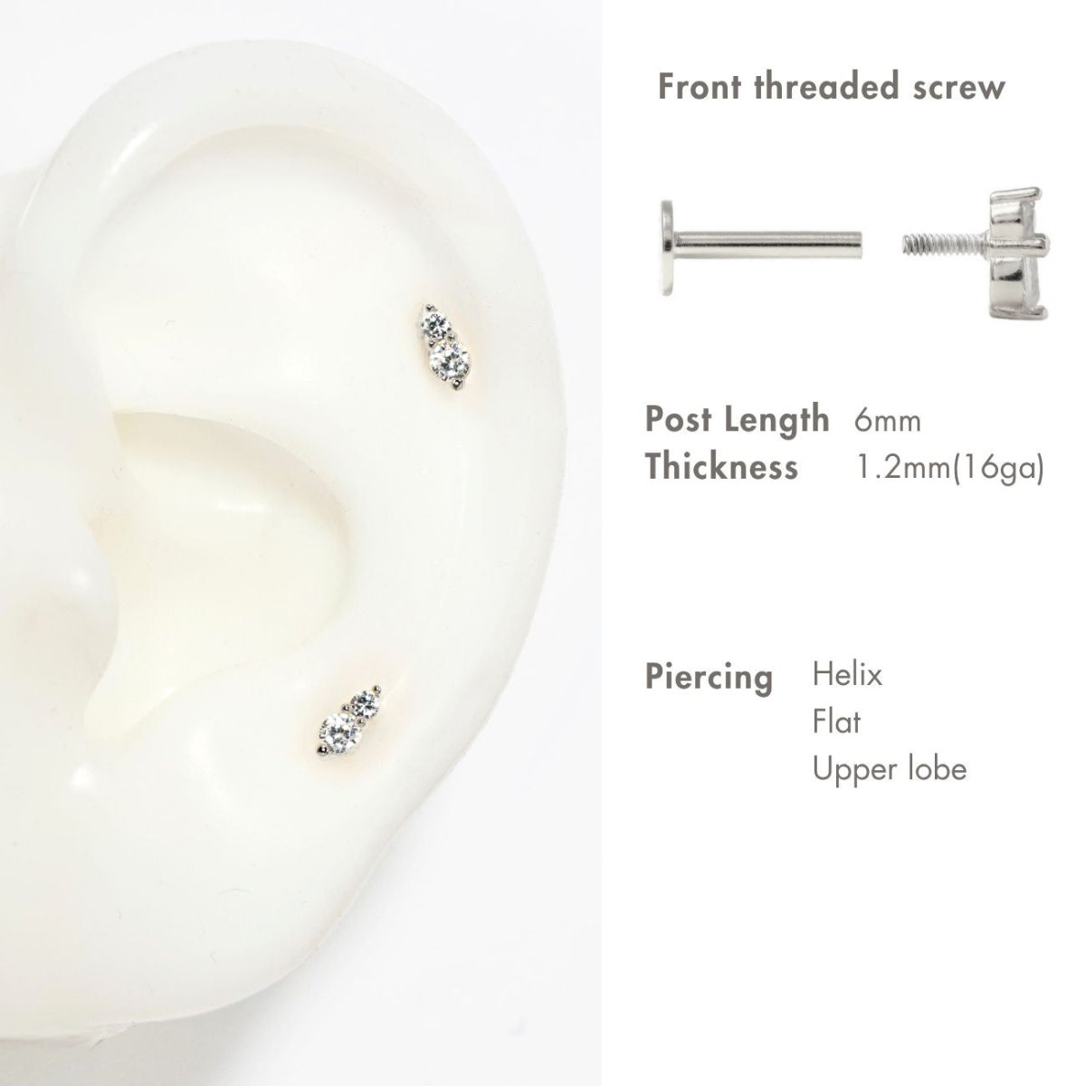 Sterling silver duo stud with two clear stones, placement graphic on a silicone ear with specs