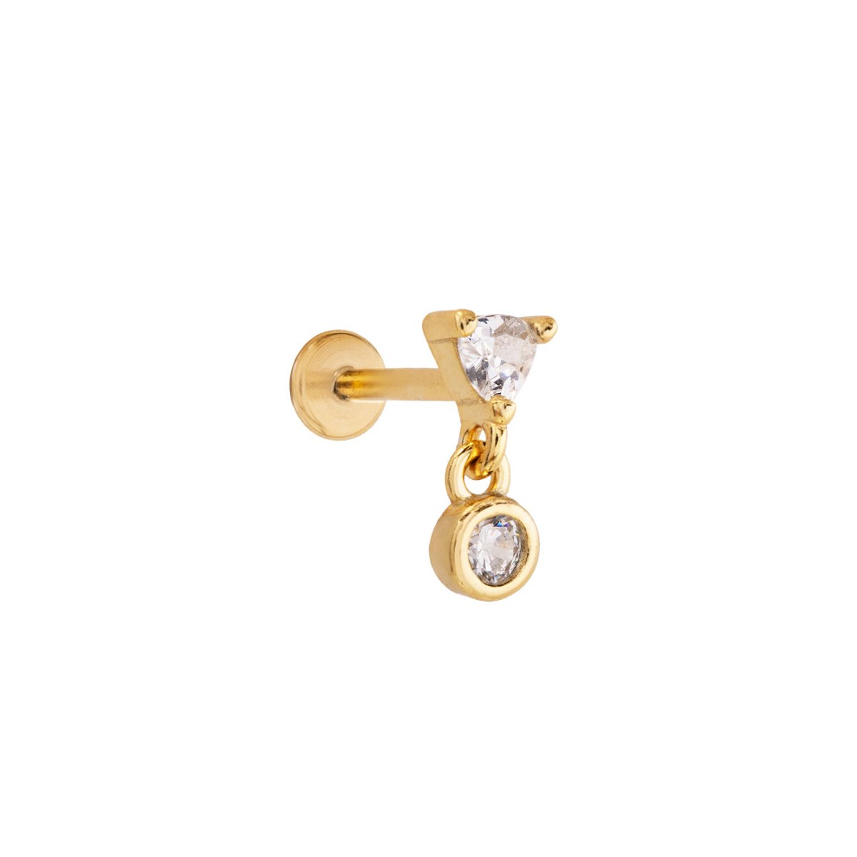 Gold vermeil flat back stud with a white zirconia trillion and a round dangling stone, on a white background
