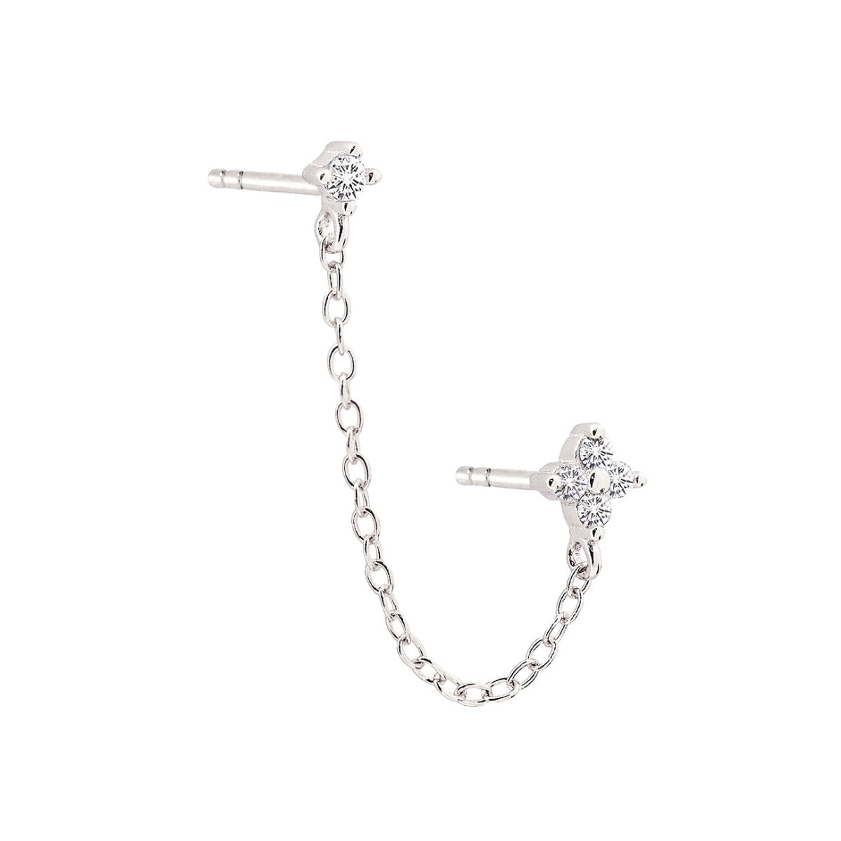 Sterling silver pavé chain studs set with clear stones, linked by a chain, on a white background