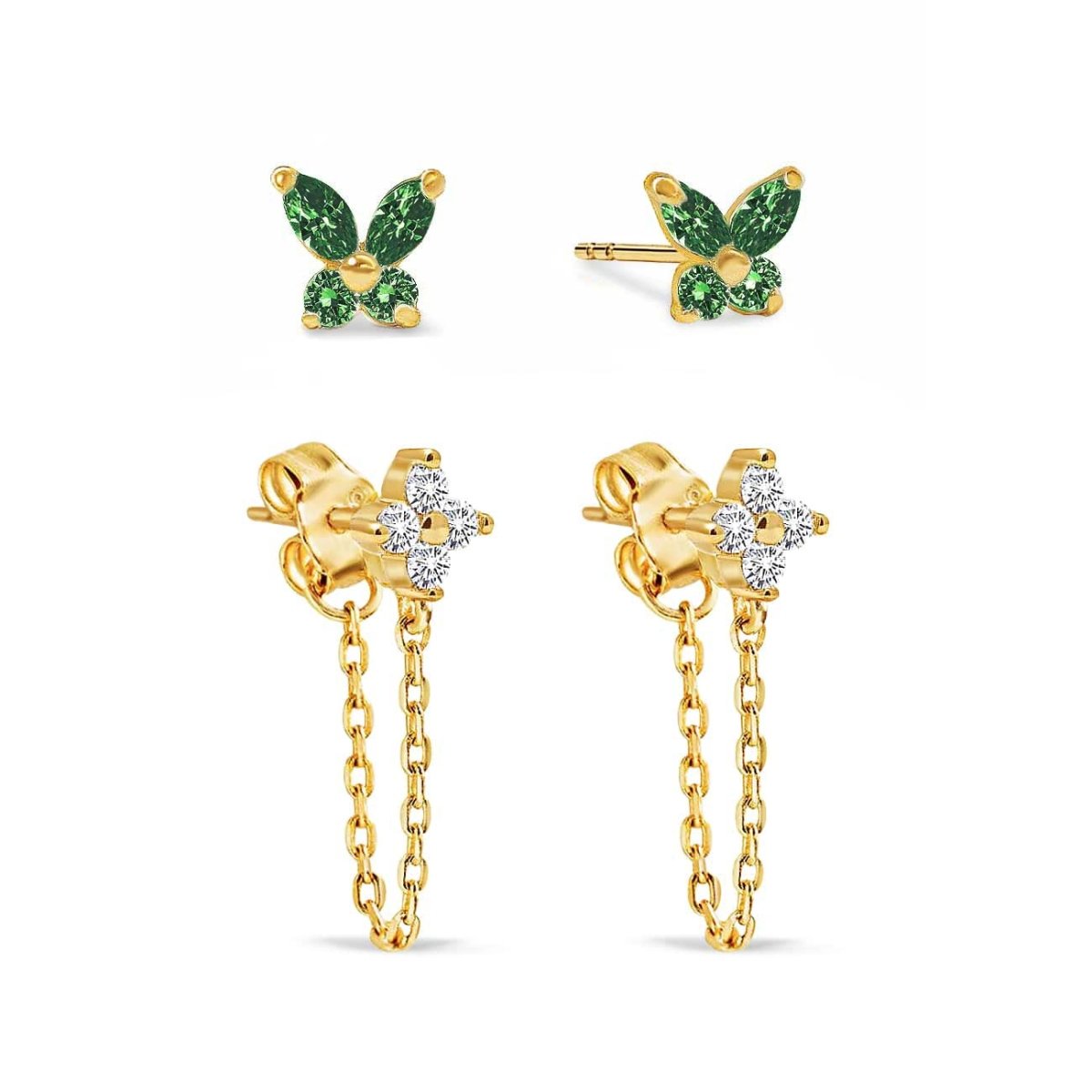 Gold vermeil butterfly and clear-stone chain studs set with green emerald stones, on a white background