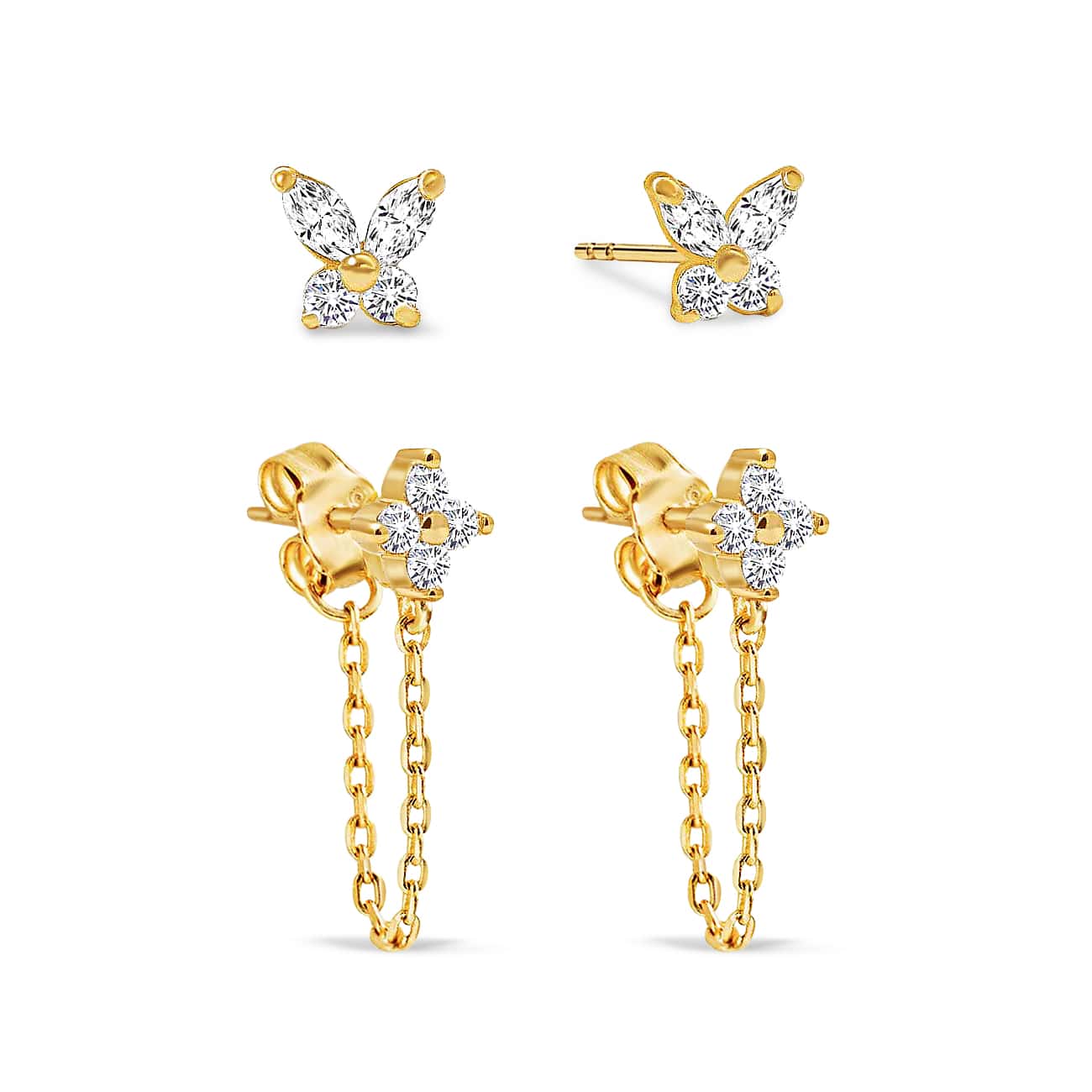 Gold vermeil butterfly and flower chain studs set with clear white zirconia stones, on a white background