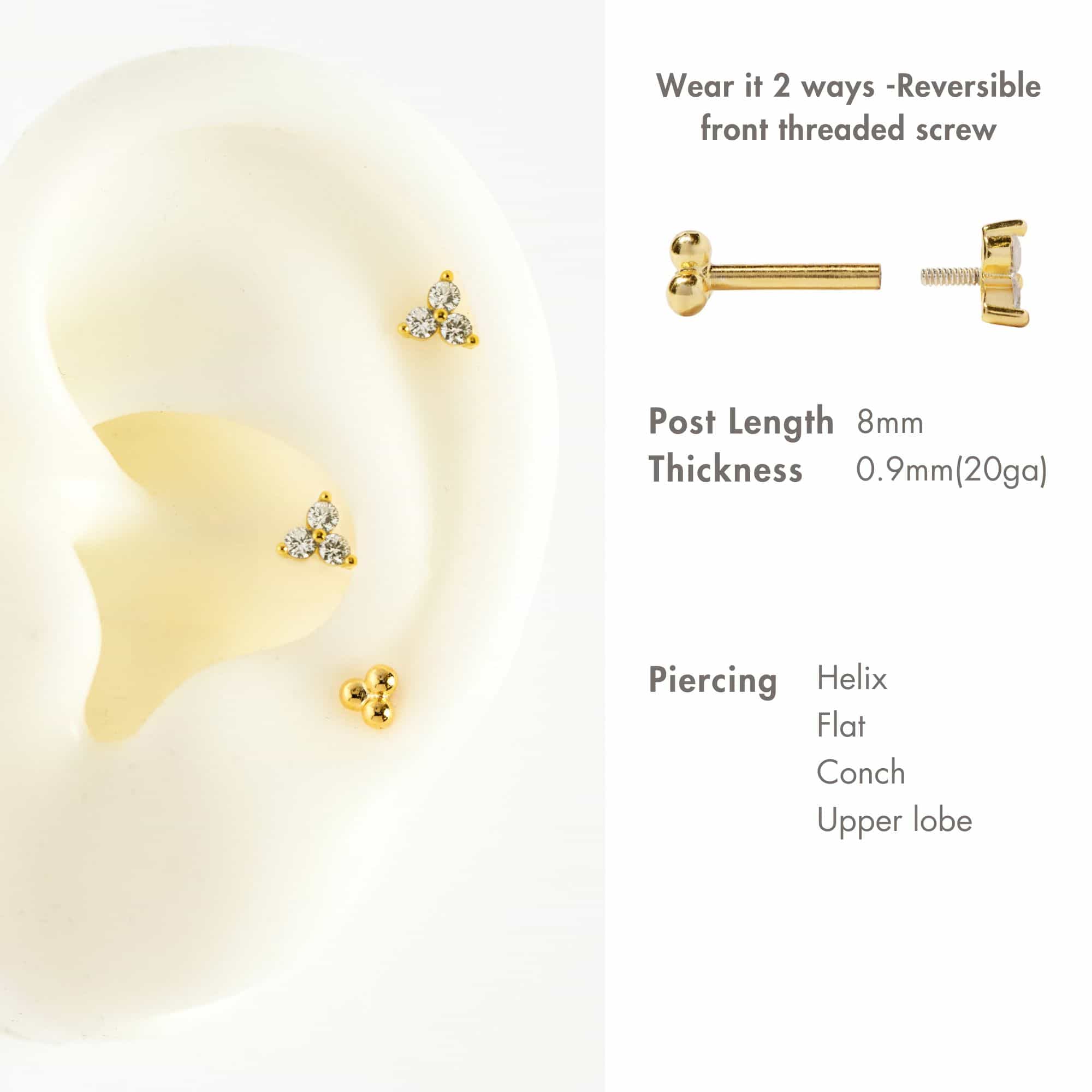Gold vermeil white zirconia trio flat back studs on an ear graphic with size and piercing guide