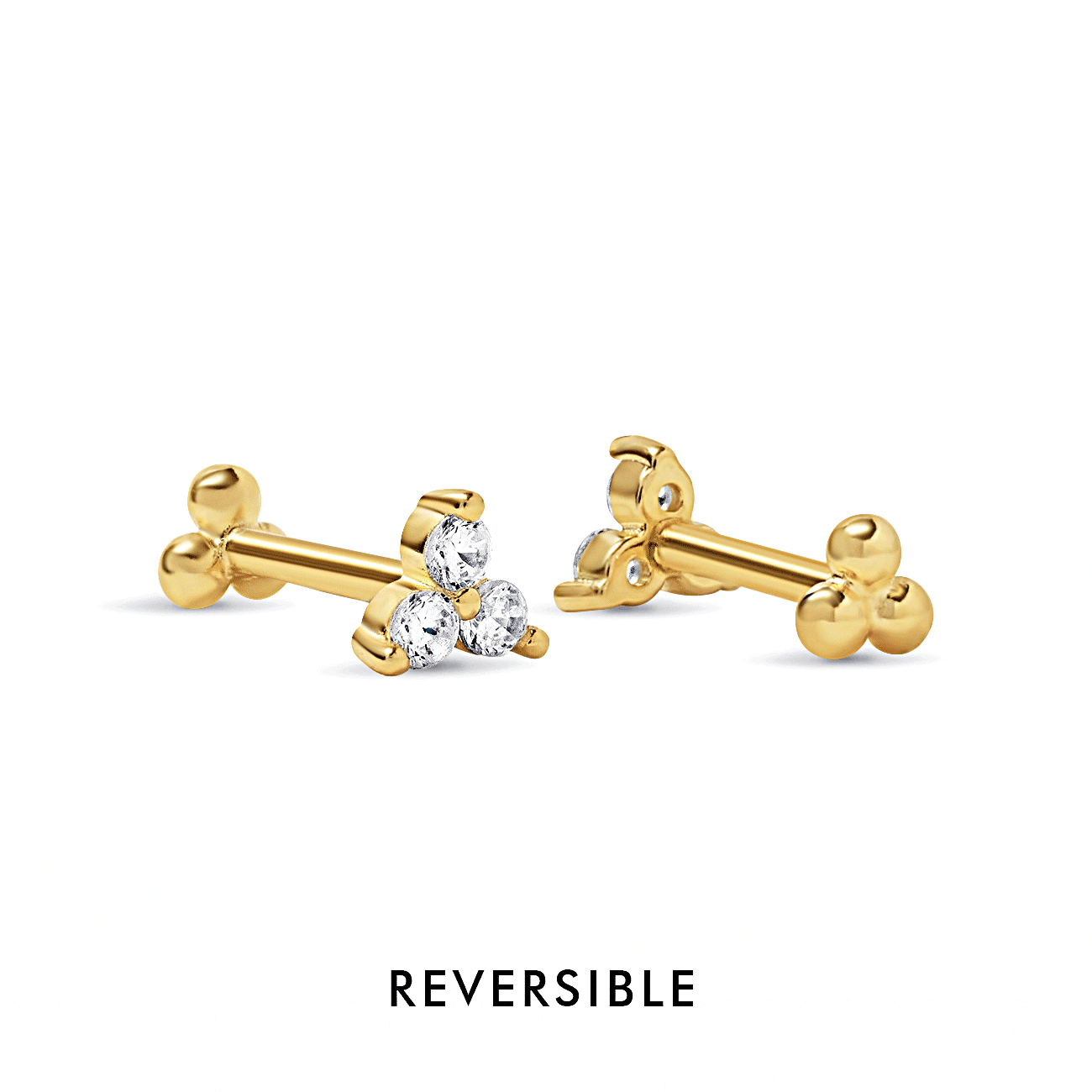 Gold vermeil reversible flat back studs with white zirconia trio and gold beaded back, on a white background