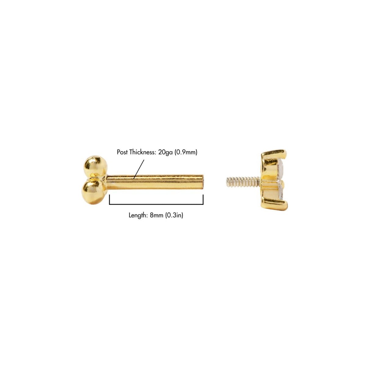 Gold vermeil flat back stud size guide, 8mm post length and 0.9mm thickness, on a white background