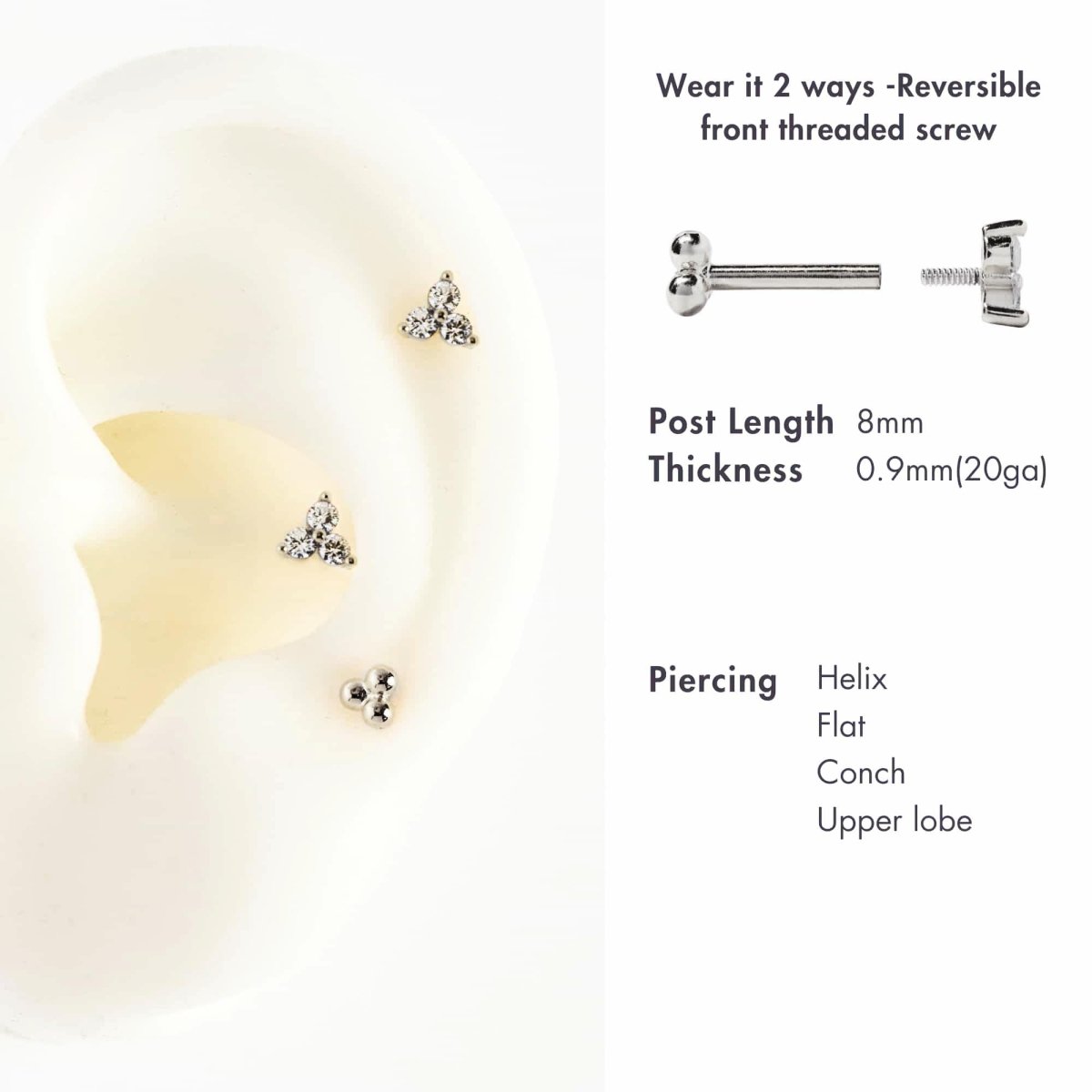 Sterling silver white zirconia trio flat back studs on an ear graphic with size and piercing guide