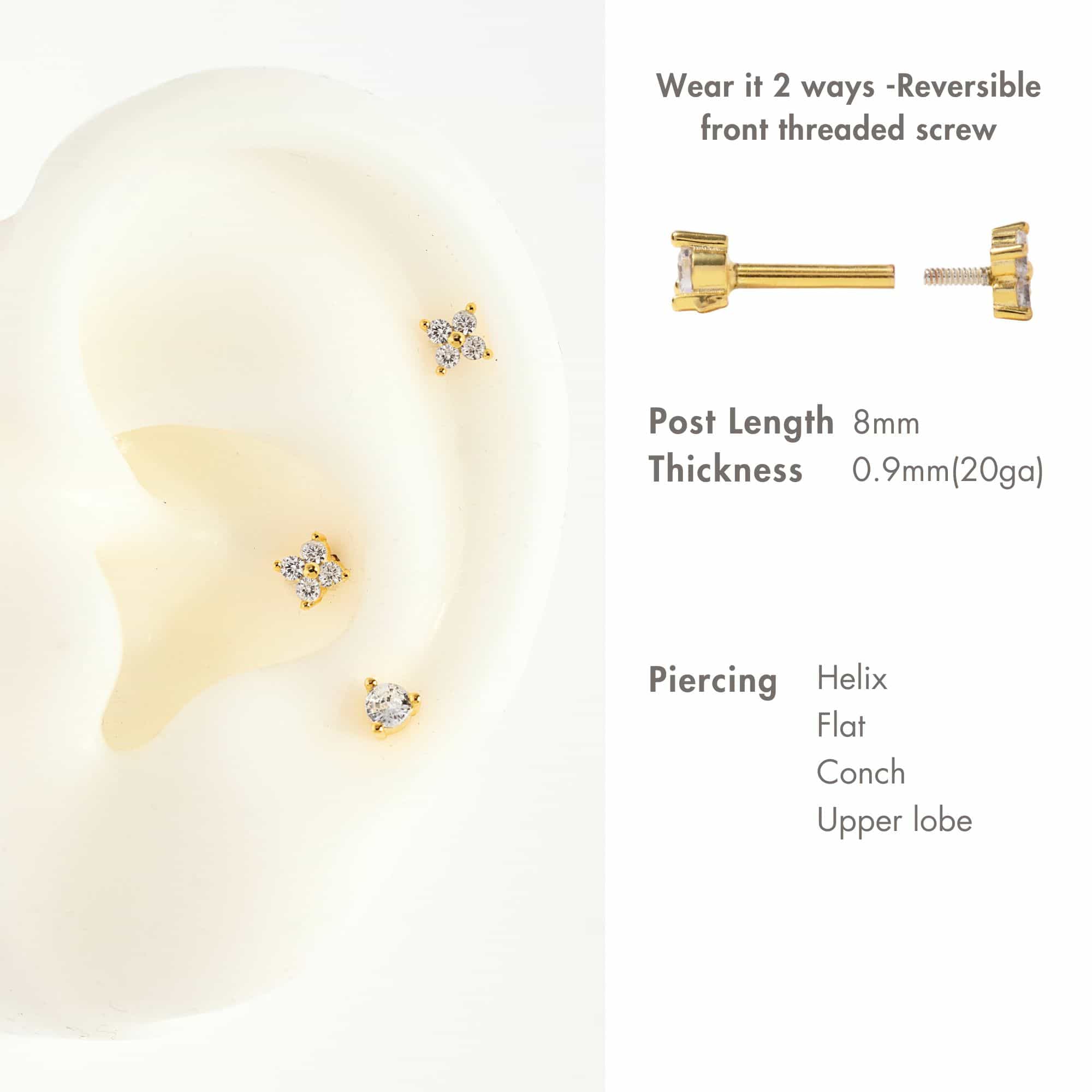 Gold vermeil white zirconia flat back studs on a silicone ear with post length and piercing guide