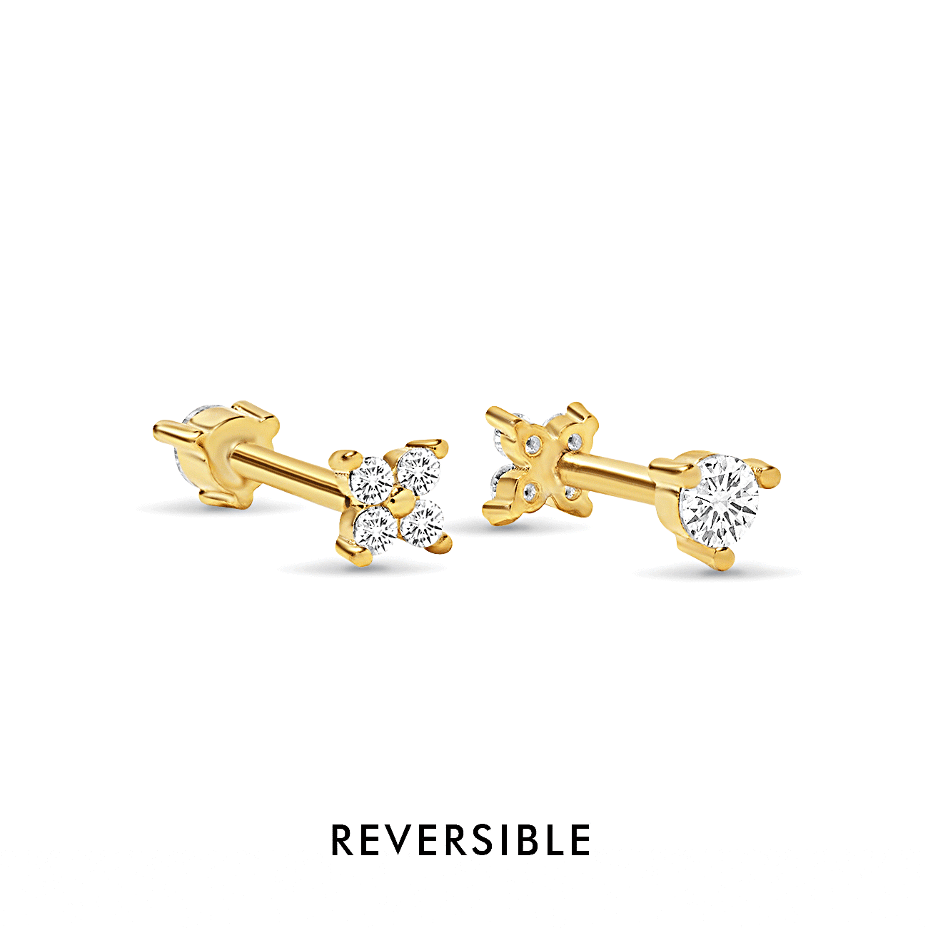 Gold vermeil reversible flat back studs, white zirconia cluster and solitaire, on a white background