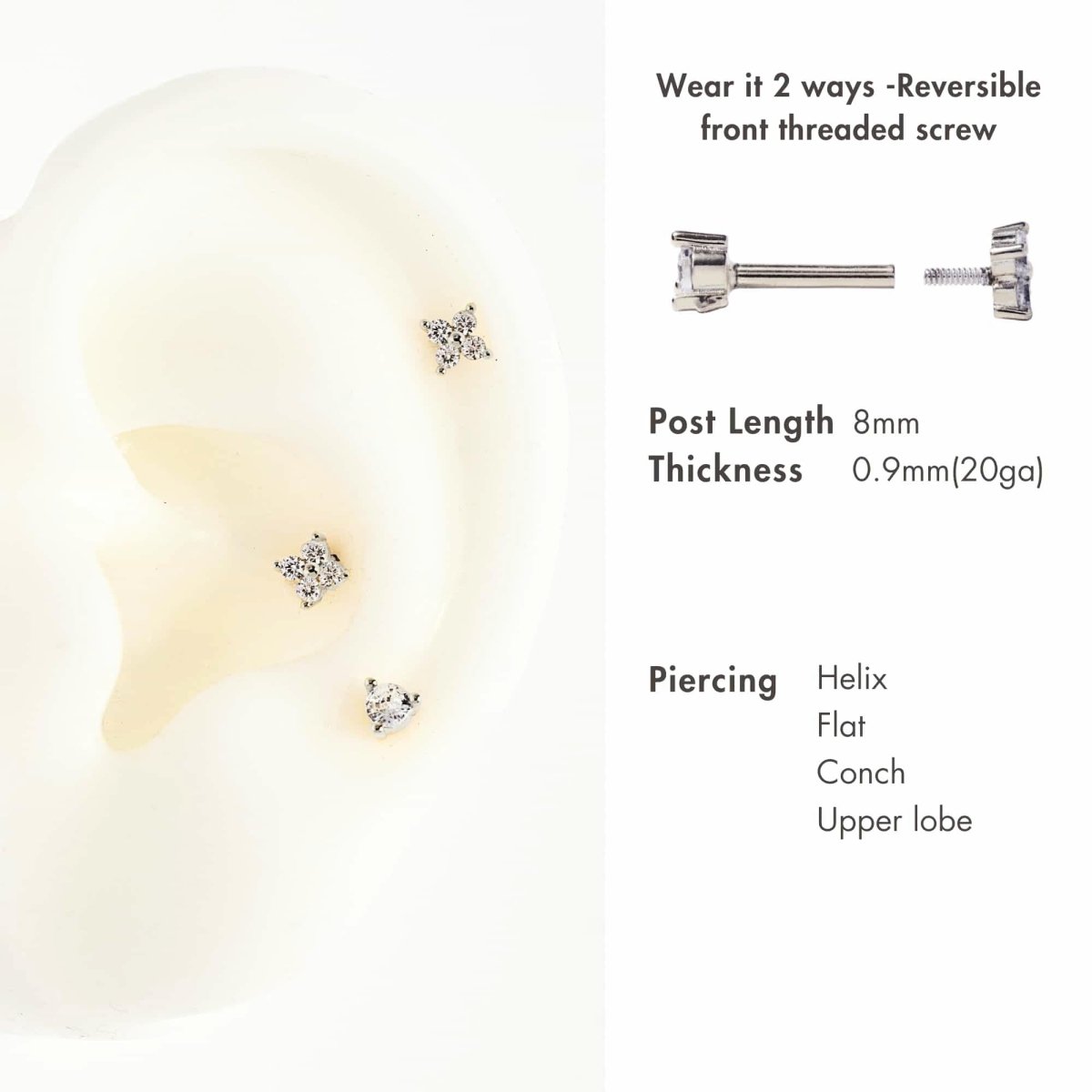 Sterling silver white zirconia flat back studs on a silicone ear with post length and piercing guide