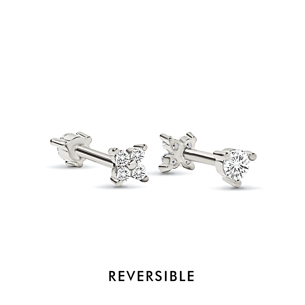 Sterling silver reversible flat back studs, white zirconia cluster and solitaire, on a white background