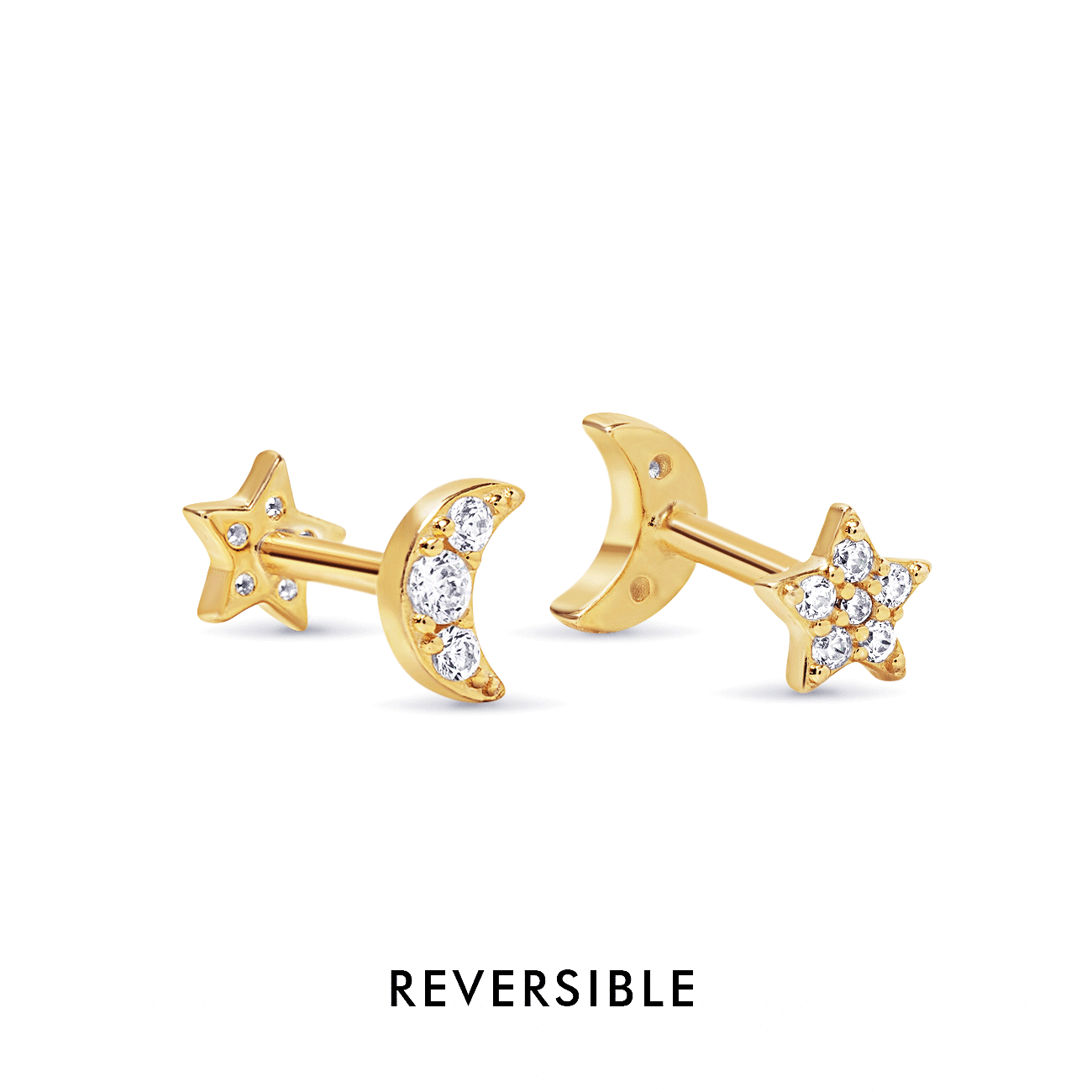 Gold vermeil reversible moon and star flat back studs with clear stones, on a white background