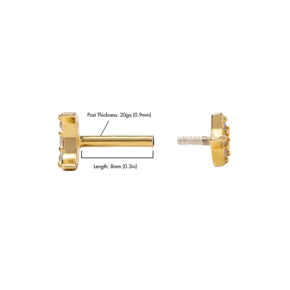 Gold vermeil flat back stud size guide, 8mm post length and 20ga thickness, on a white background
